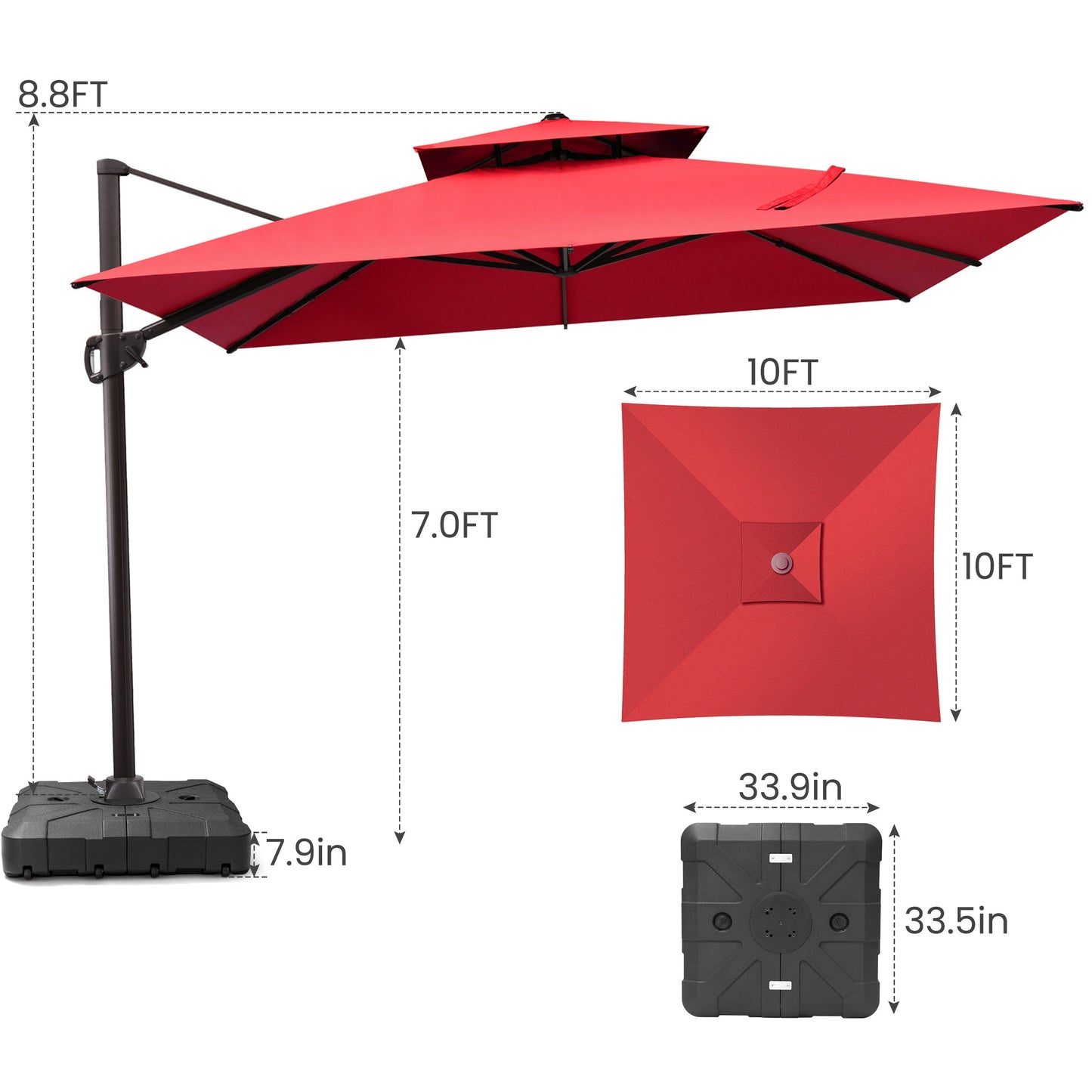 Size guide for Crestlive 10x10 ft square red cantilever umbrella showing 8.8ft height and wheeled mobile base