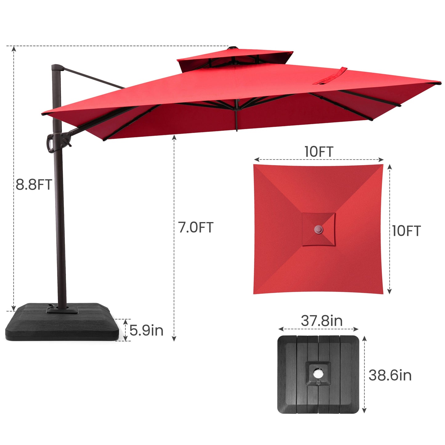 Size guide for Crestlive 10x10 ft square red cantilever umbrella showing 8.8ft total height and low-profile base