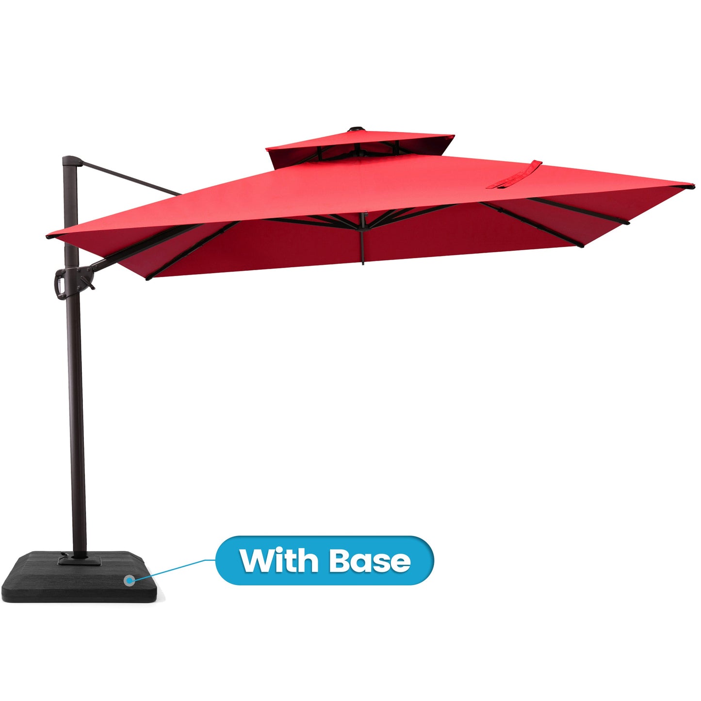 Crestlive 10x10 ft square red patio cantilever umbrella featuring a with base label highlighting the flat low-profile base