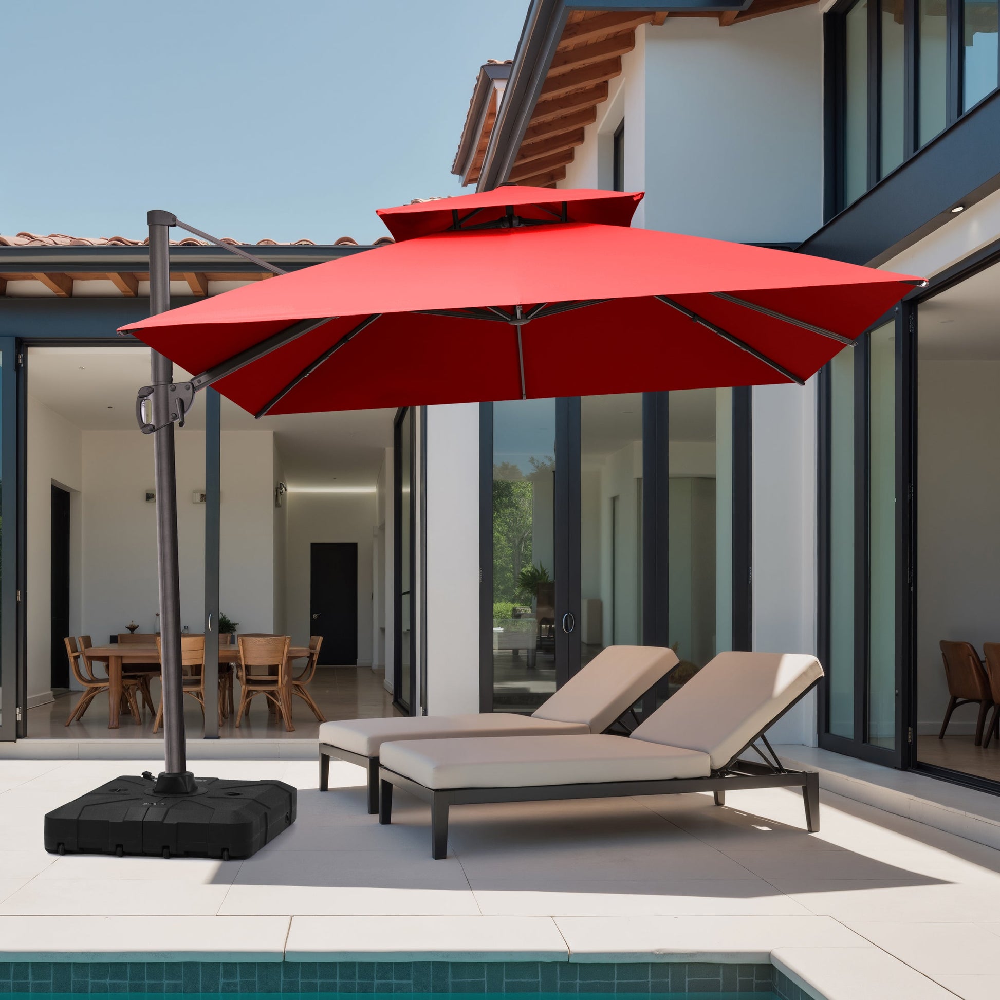 10x10 ft square red cantilever umbrella with heavy-duty base shading chaise lounge chairs at a modern villa poolside