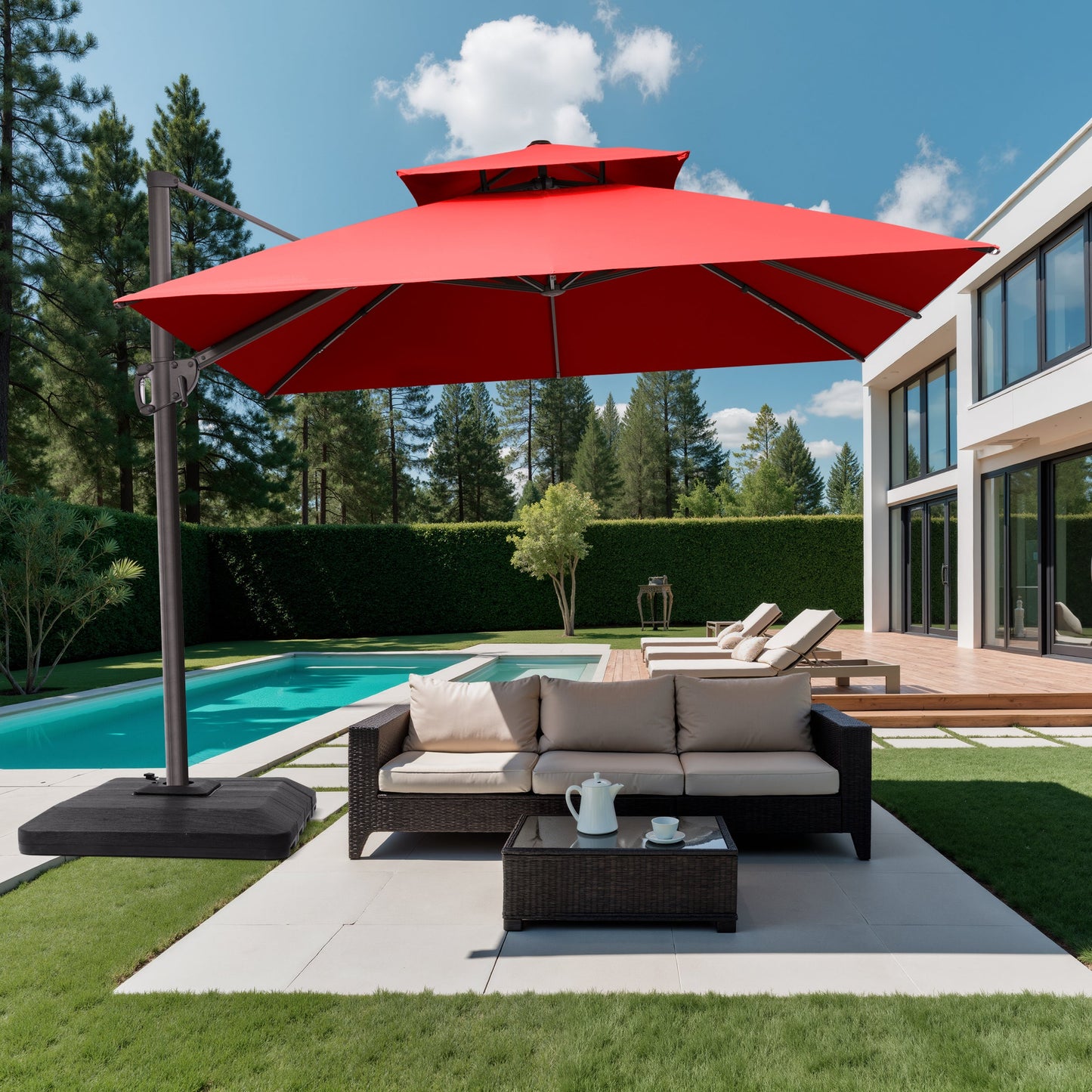 10x10 ft square red cantilever umbrella with low-profile base shading a patio sofa set at a modern villa poolside