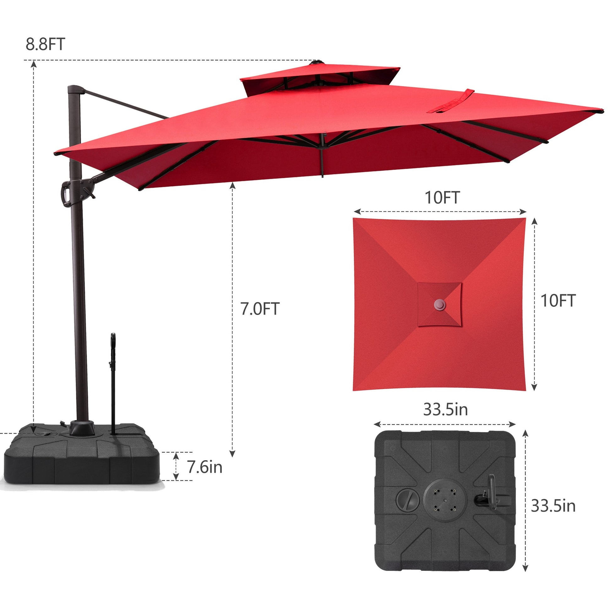 Size guide for Crestlive 10x10 ft square red cantilever umbrella showing 8.8ft total height and heavy-duty base