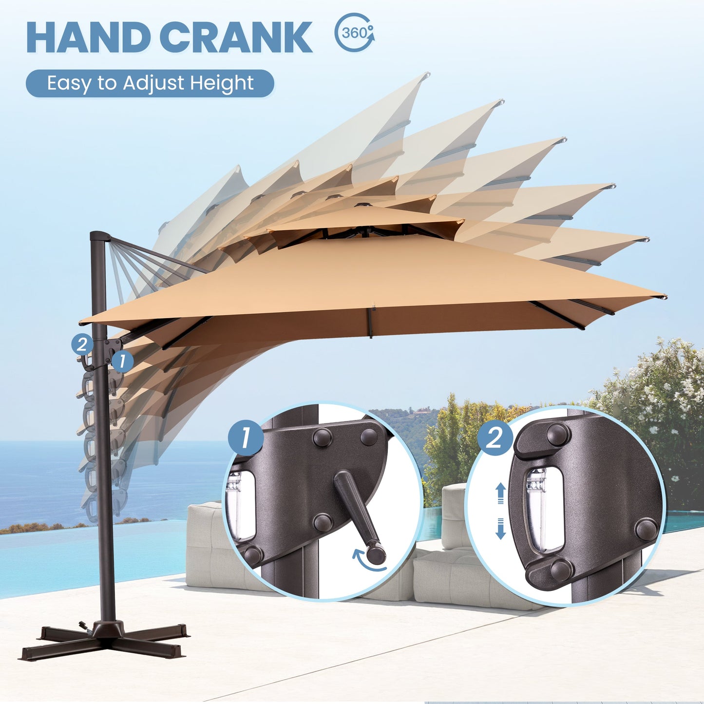 Feature infographic for Crestlive beige cantilever patio umbrella showing multi-angle tilt positions with crank handle