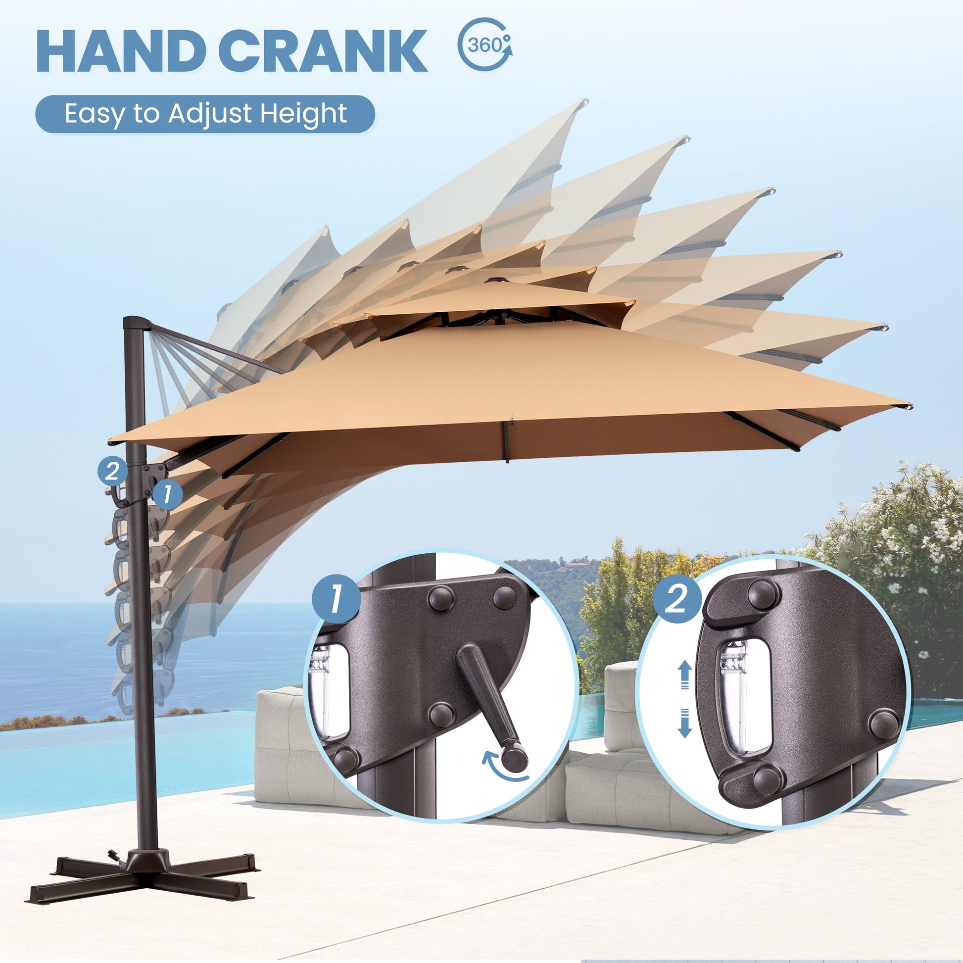 Feature infographic for Crestlive beige cantilever patio umbrella showing multi-angle tilt positions with crank handle