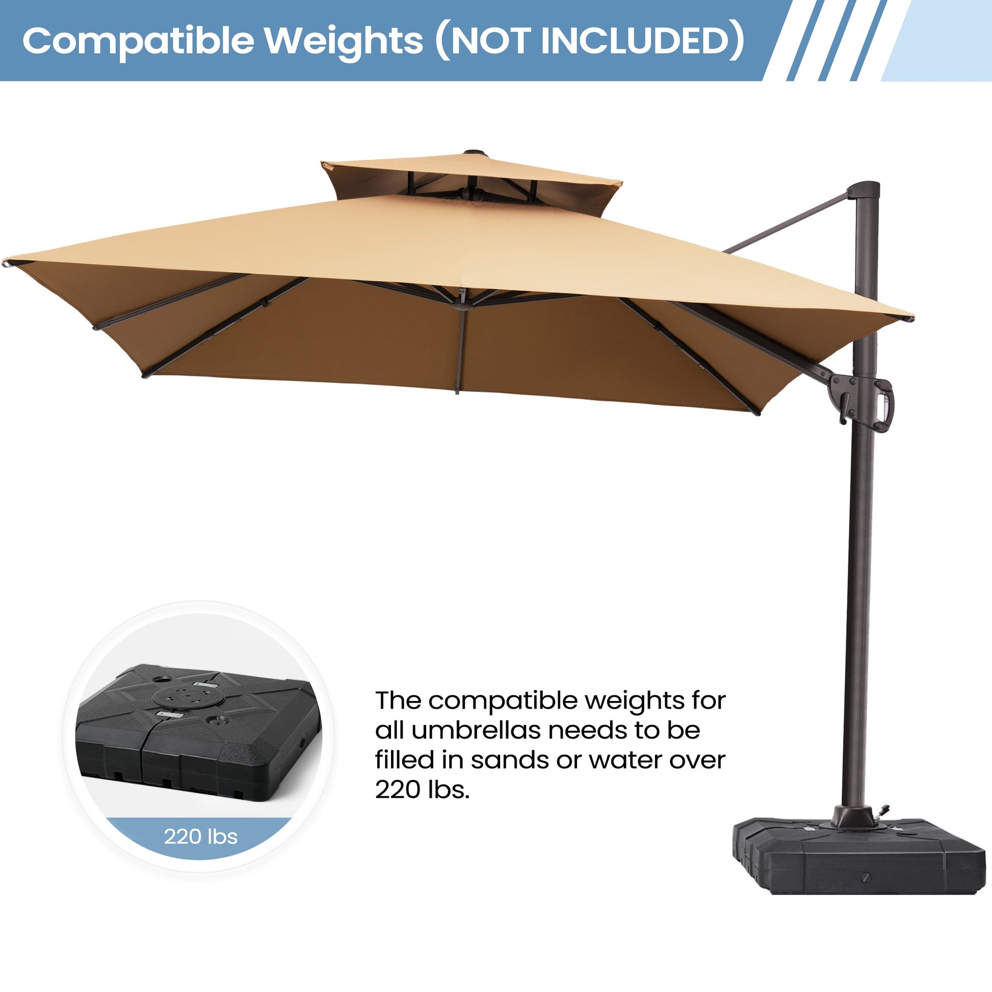 Weights not included notification for Crestlive beige cross base umbrella showing a required base weight over 220 lbs