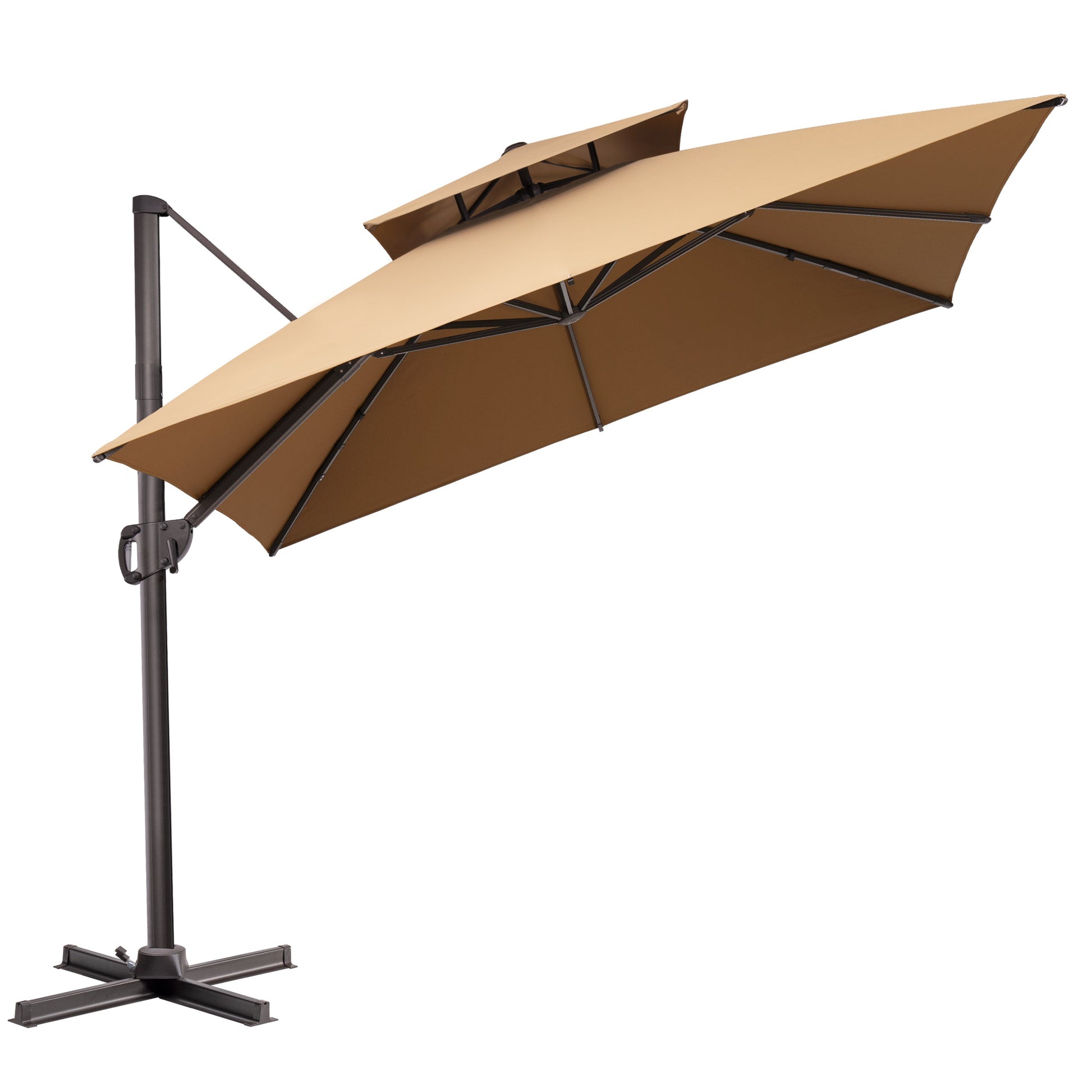 Tilted Crestlive 10x10 ft square beige cantilever patio umbrella with steel cross base