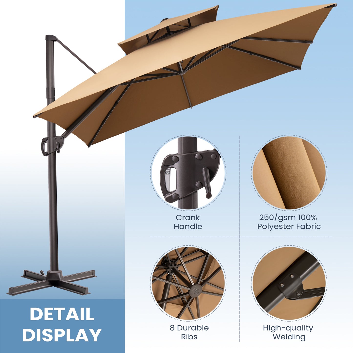 Detail display for Crestlive beige cantilever umbrella showing 250 gsm polyester fabric, crank handle, and 8 ribs
