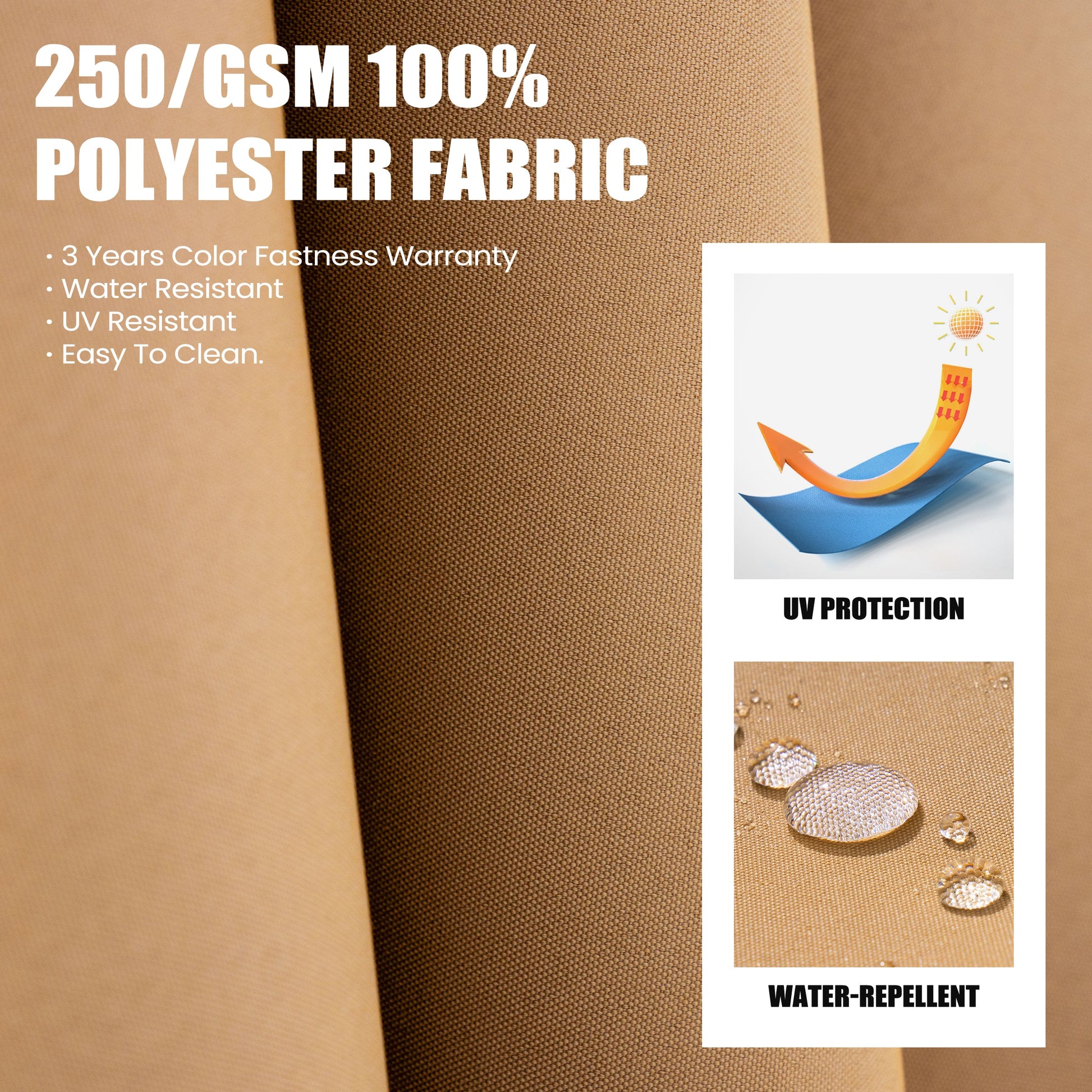 Fabric details for Crestlive beige patio umbrella showing 250 gsm polyester fabric with UV protection and water-repellent icons