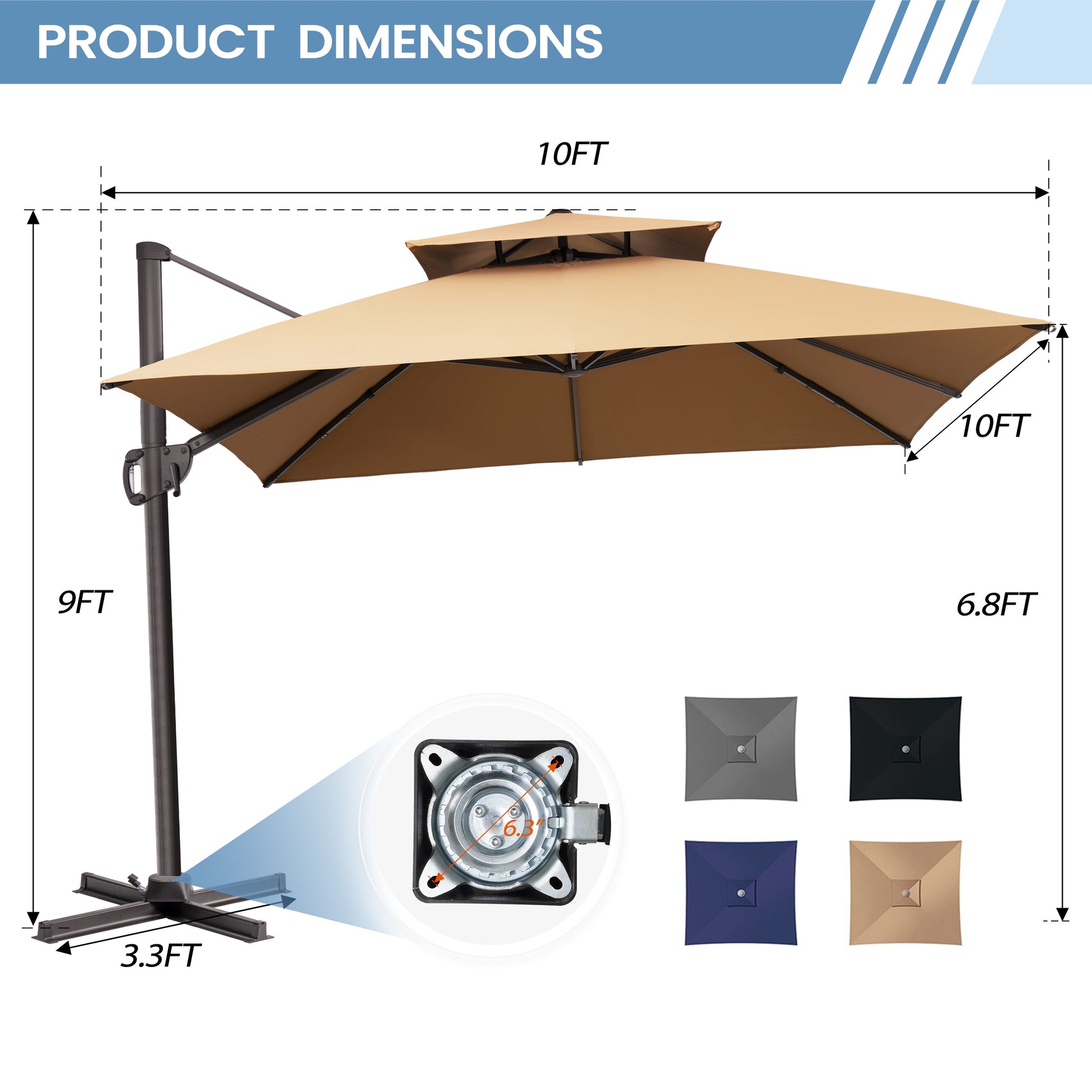 Product dimensions for Crestlive 10x10 ft square cross base patio umbrella showing 9ft total height and 6.3 inch hole distance
