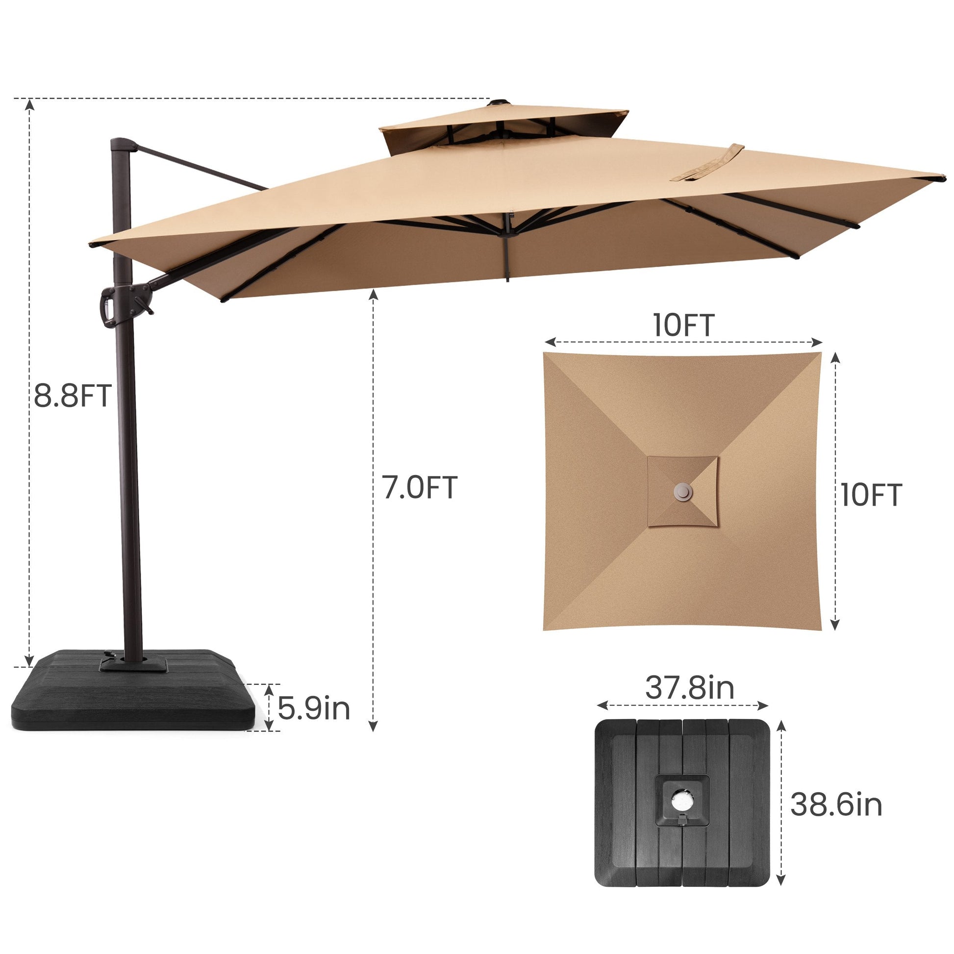 Size guide for Crestlive 10x10 ft square beige cantilever umbrella showing 8.8ft total height and low-profile base