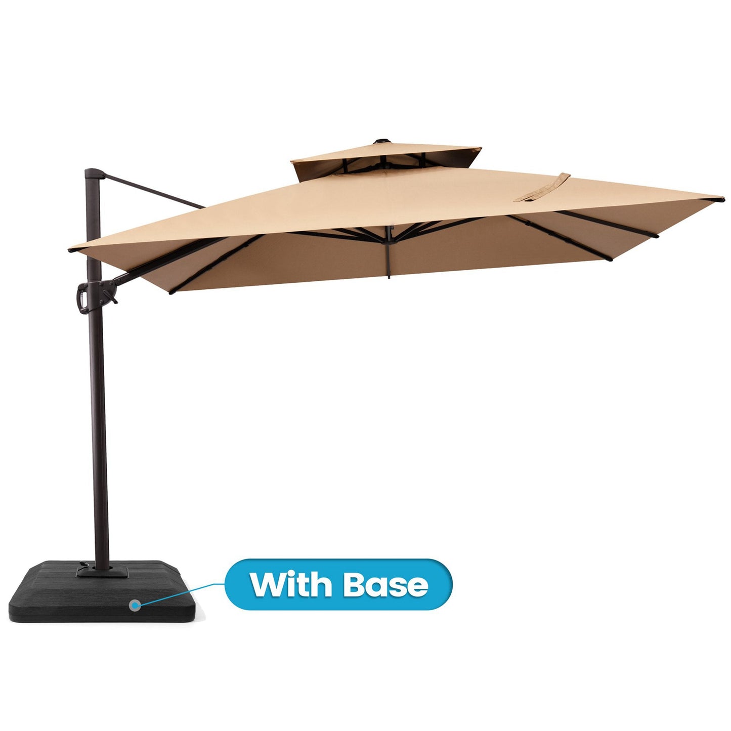 Crestlive 12x9 ft beige patio cantilever umbrella featuring a with base label highlighting the flat low-profile base