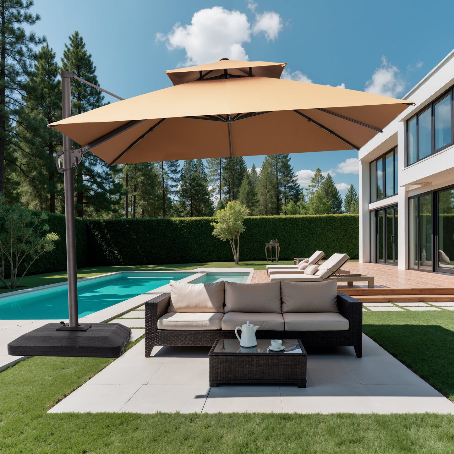 10x10 ft square beige cantilever umbrella with low-profile base shading a patio sofa set at a modern villa poolside