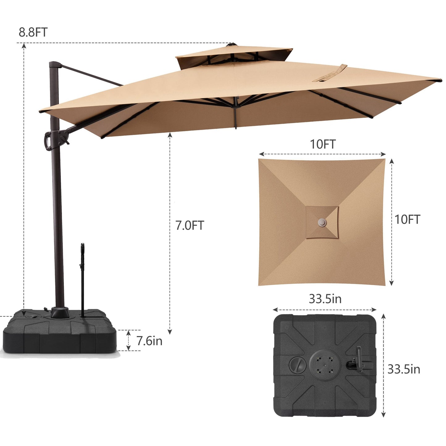 Size guide for Crestlive 10x10 ft square beige cantilever umbrella showing 8.8ft total height and heavy-duty base