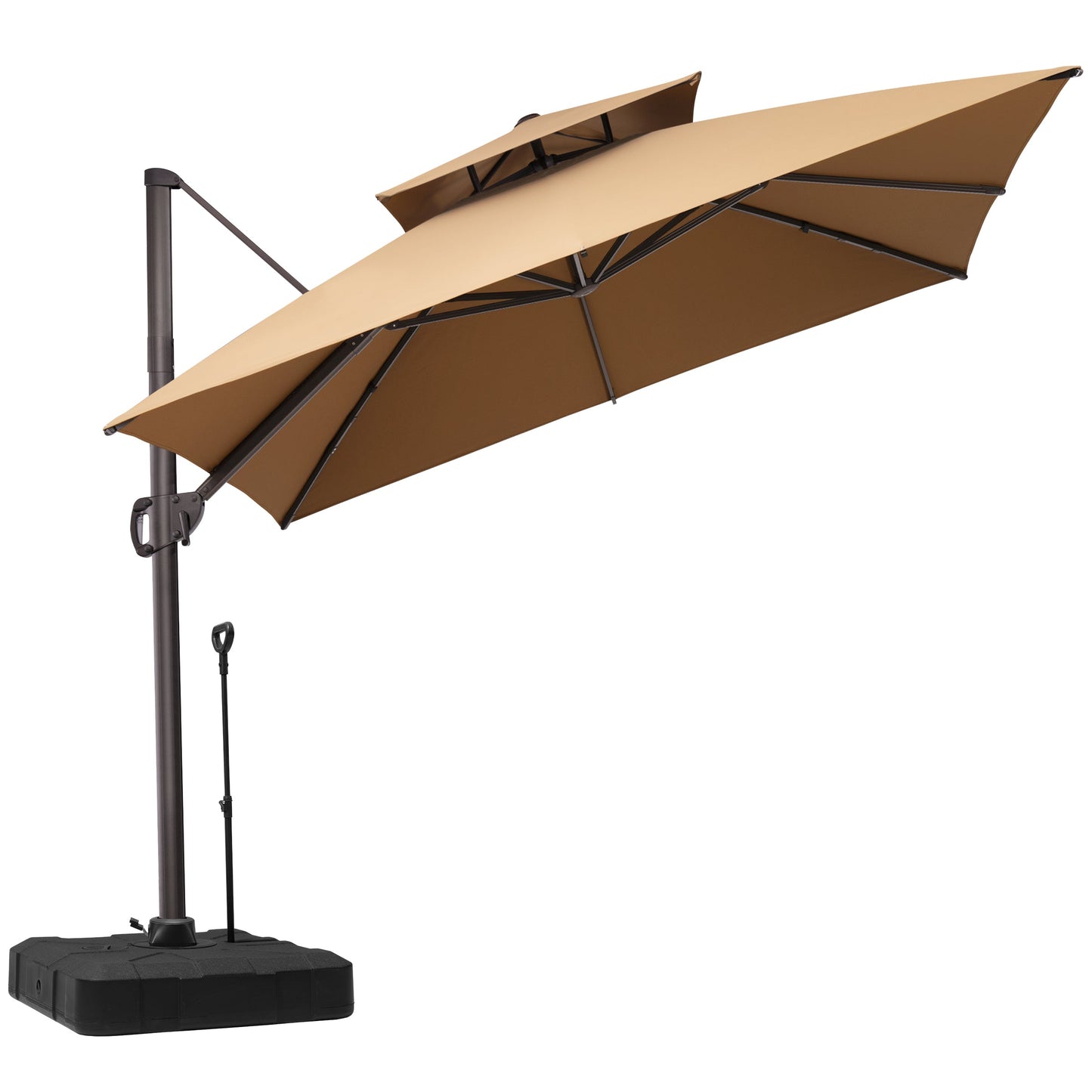 Tilted Crestlive 10x10 ft square beige cantilever patio umbrella with wheeled base for easy movement