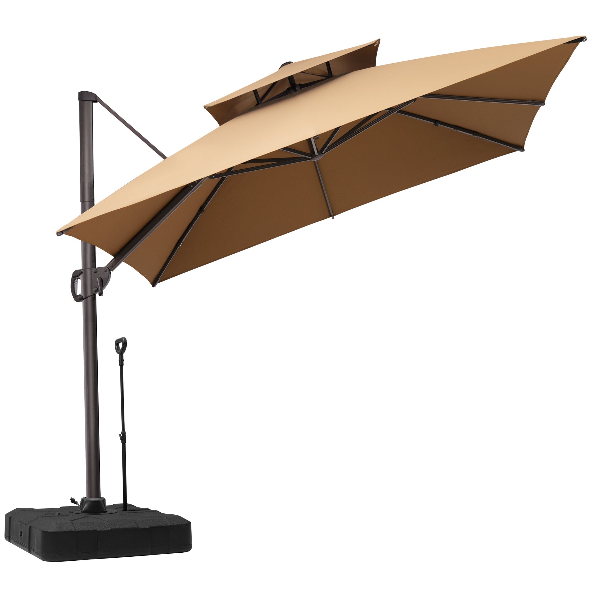Tilted Crestlive 10x10 ft square beige cantilever patio umbrella with wheeled base for easy movement