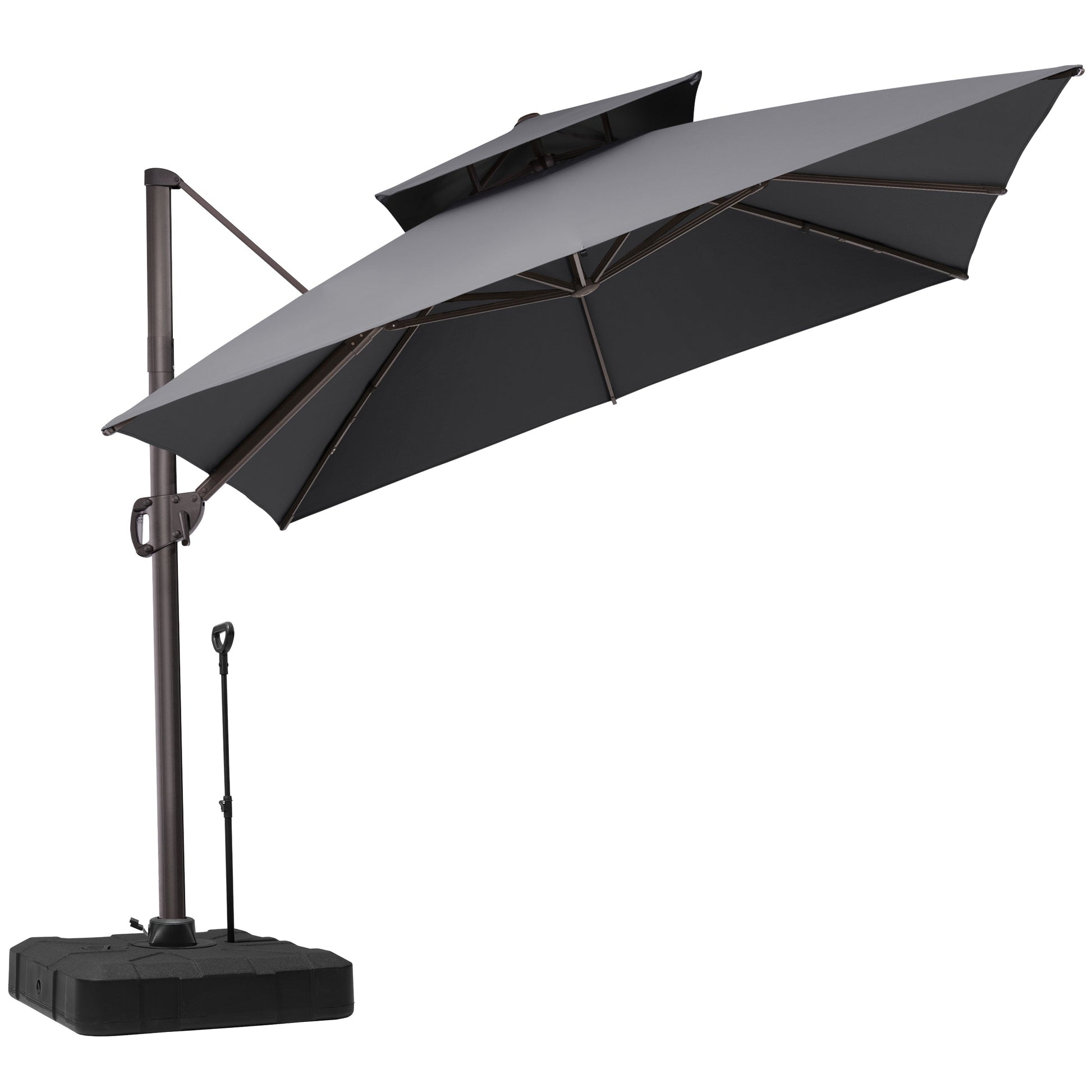 Tilted Crestlive 10x10 ft square grey cantilever patio umbrella featuring double top and wheeled mobile base
