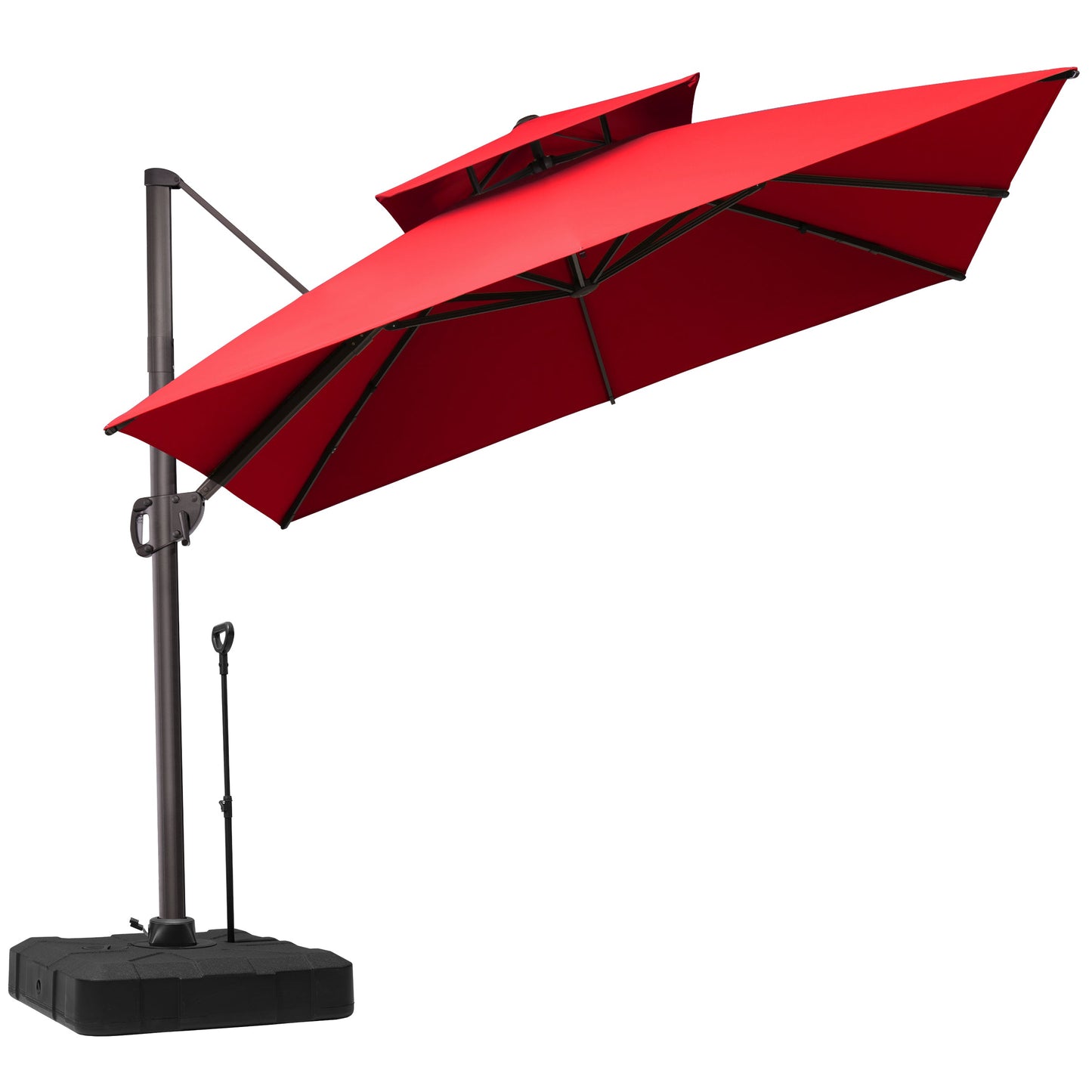 Tilted Crestlive 10x10 ft square red cantilever patio umbrella featuring double top and wheeled mobile base