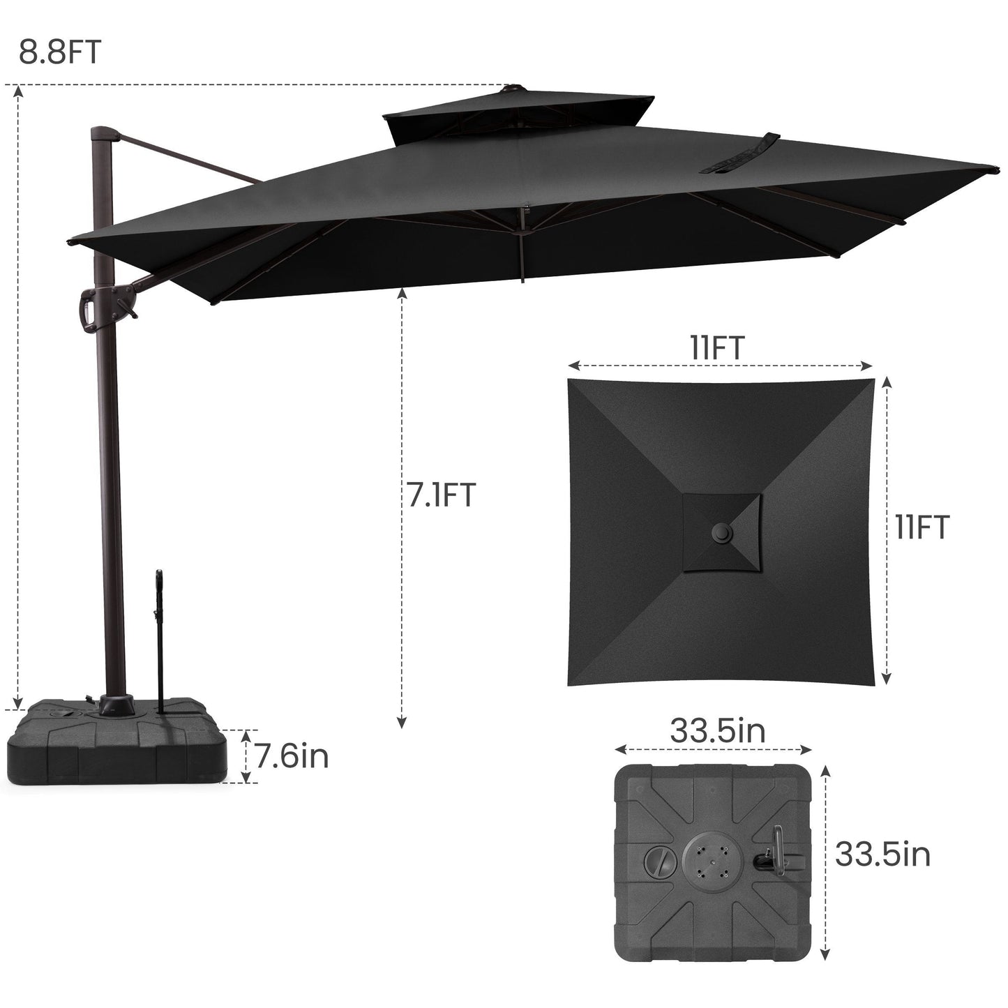 11x11 ft Square Aluminum Cantilever Patio Umbrella with Double Top (Base Options)