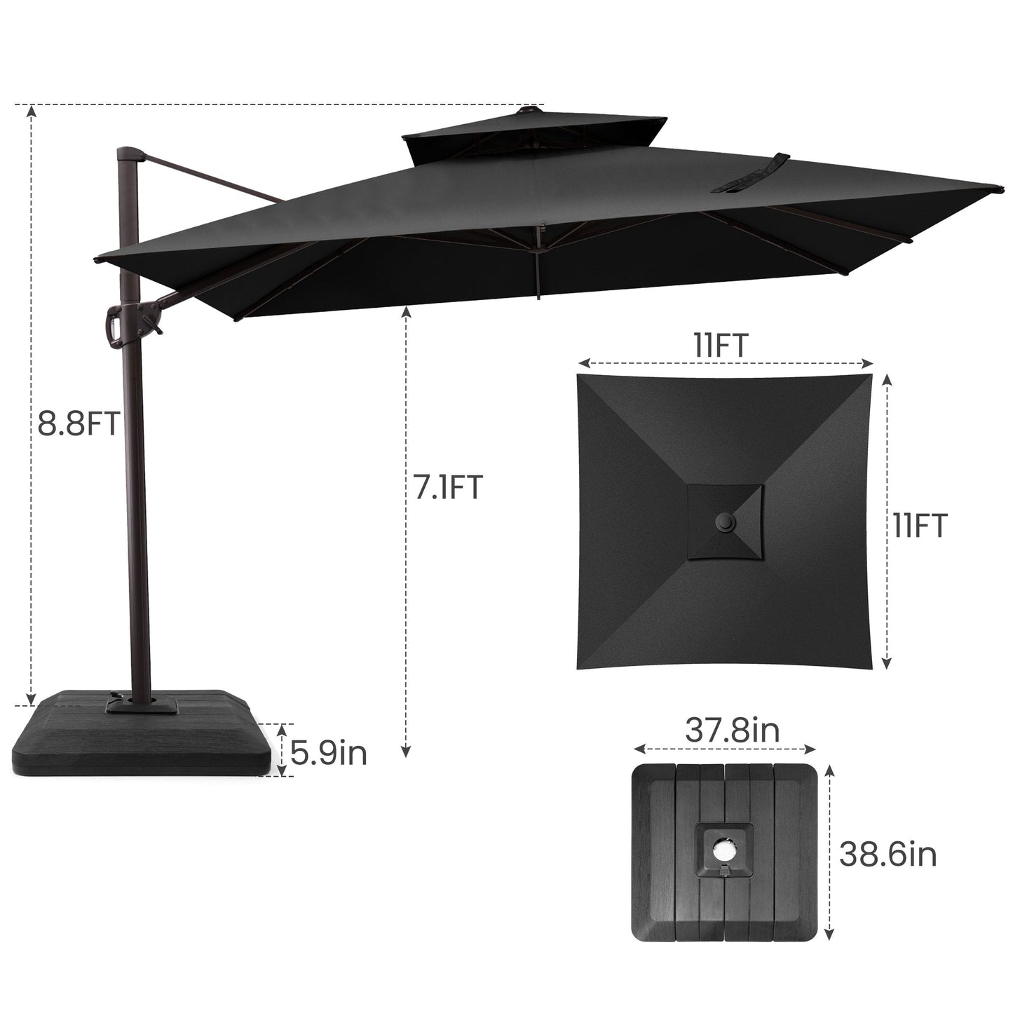 11x11 ft Square Aluminum Cantilever Patio Umbrella with Double Top (Base Options)