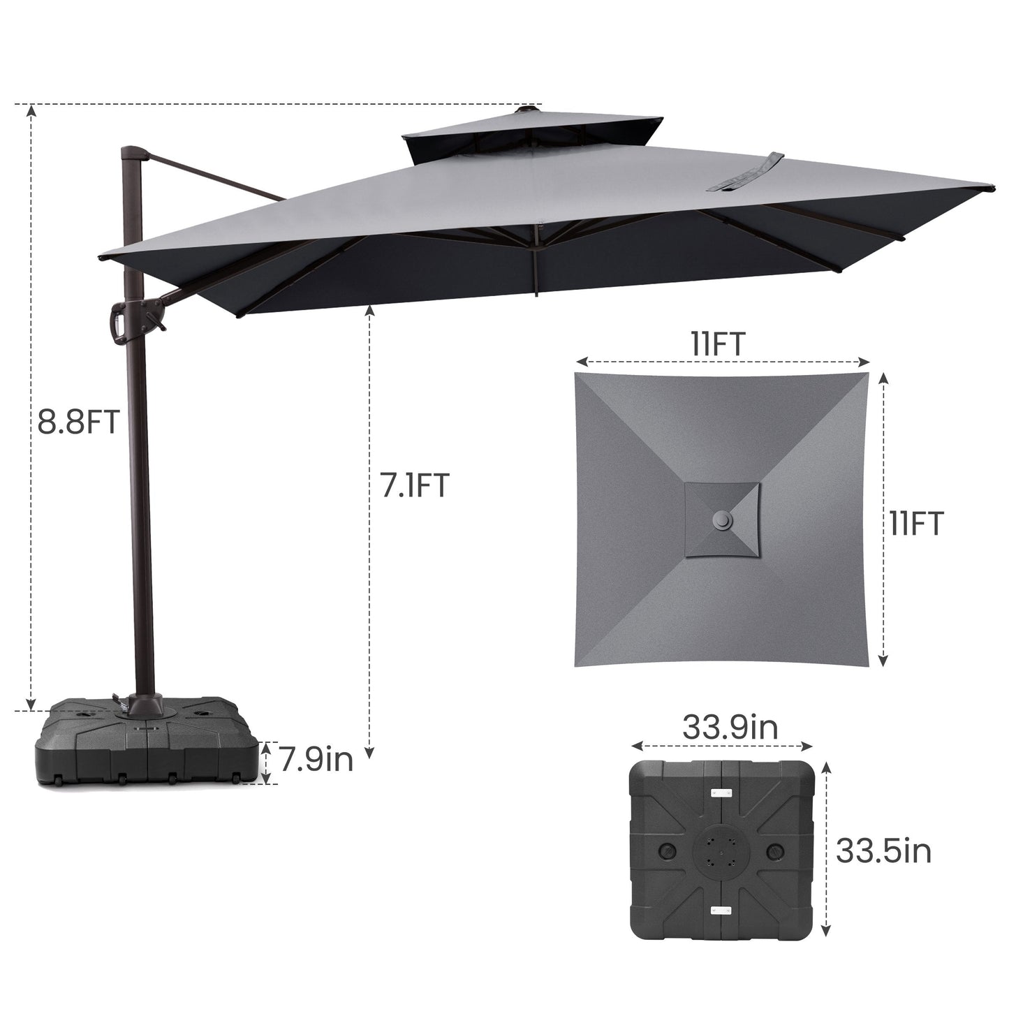 11x11 ft Square Aluminum Cantilever Patio Umbrella with Double Top (Base Options)