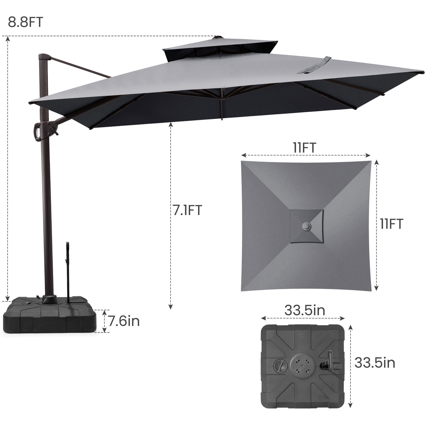 11x11 ft Square Aluminum Cantilever Patio Umbrella with Double Top (Base Options)
