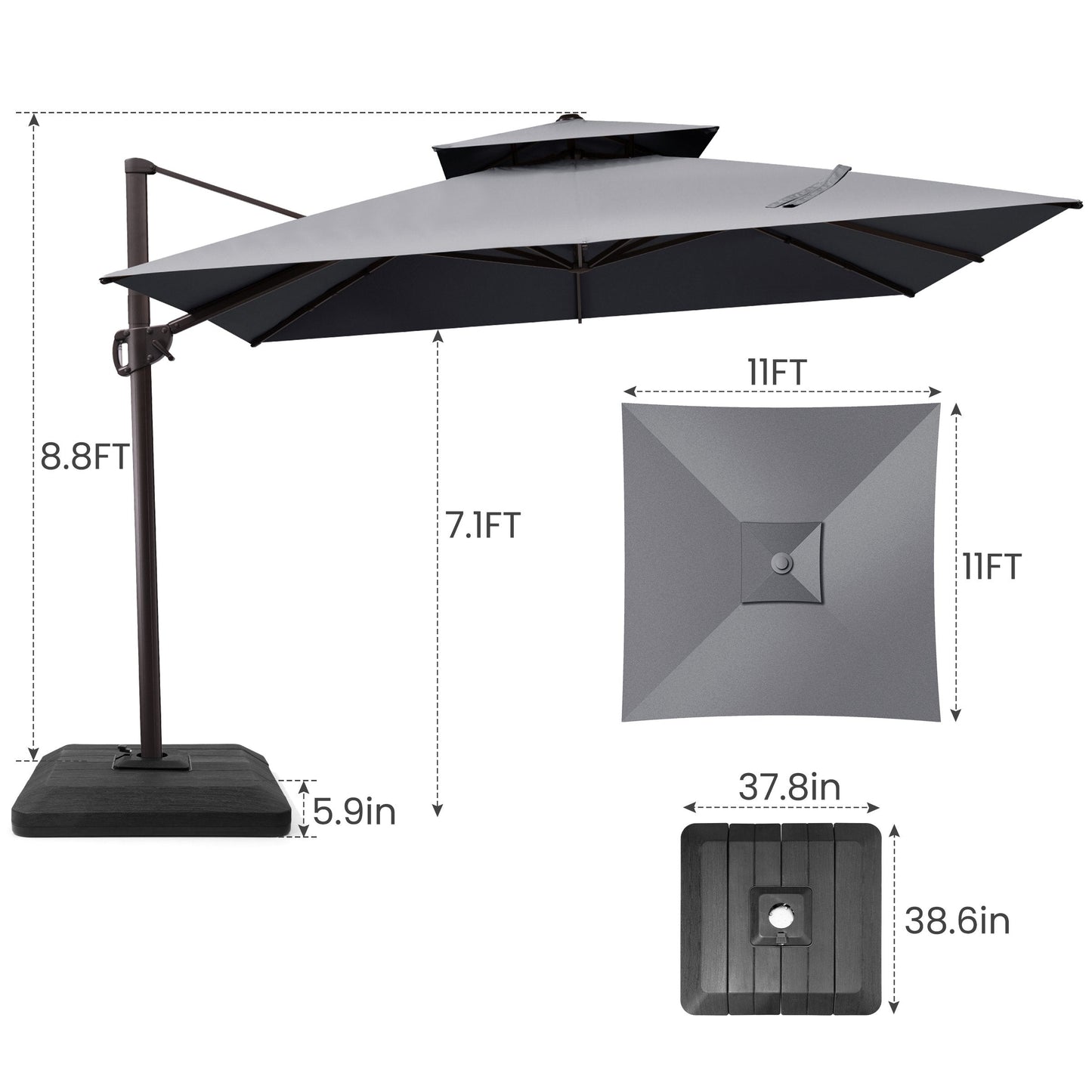 11x11 ft Square Aluminum Cantilever Patio Umbrella with Double Top (Base Options)