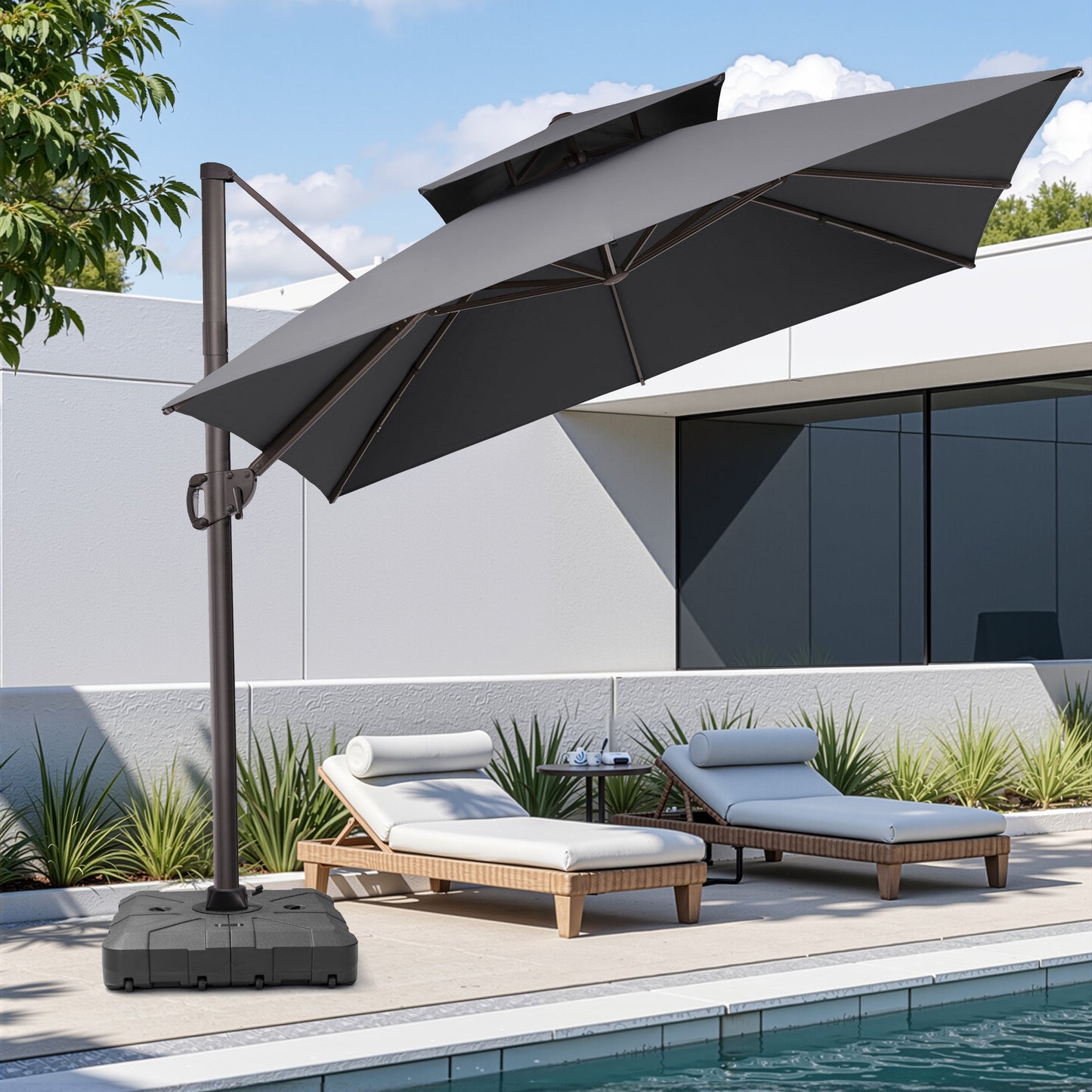 11x11 ft Square Aluminum Cantilever Patio Umbrella with Double Top (Base Options)