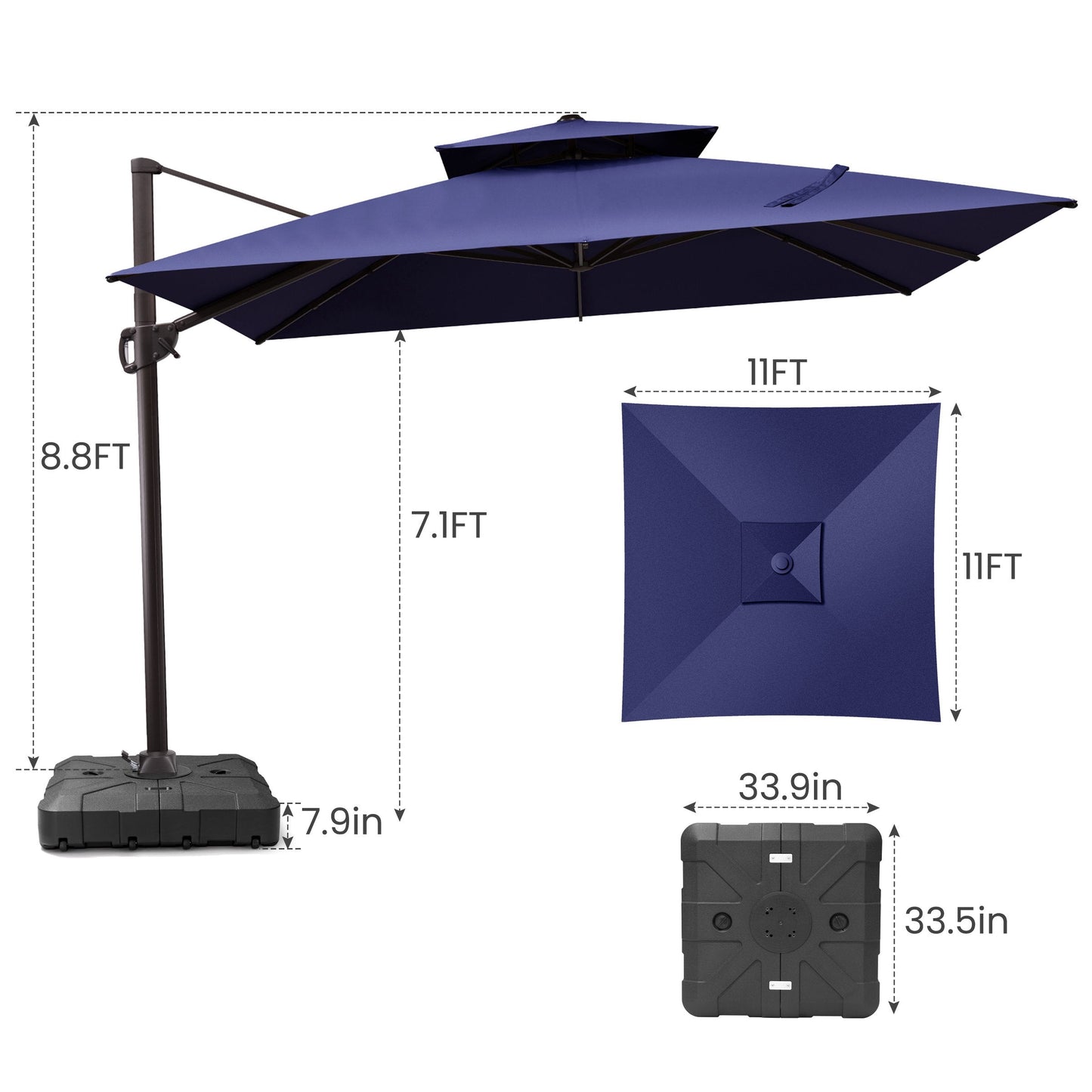 11x11 ft Square Aluminum Cantilever Patio Umbrella with Double Top (Base Options)