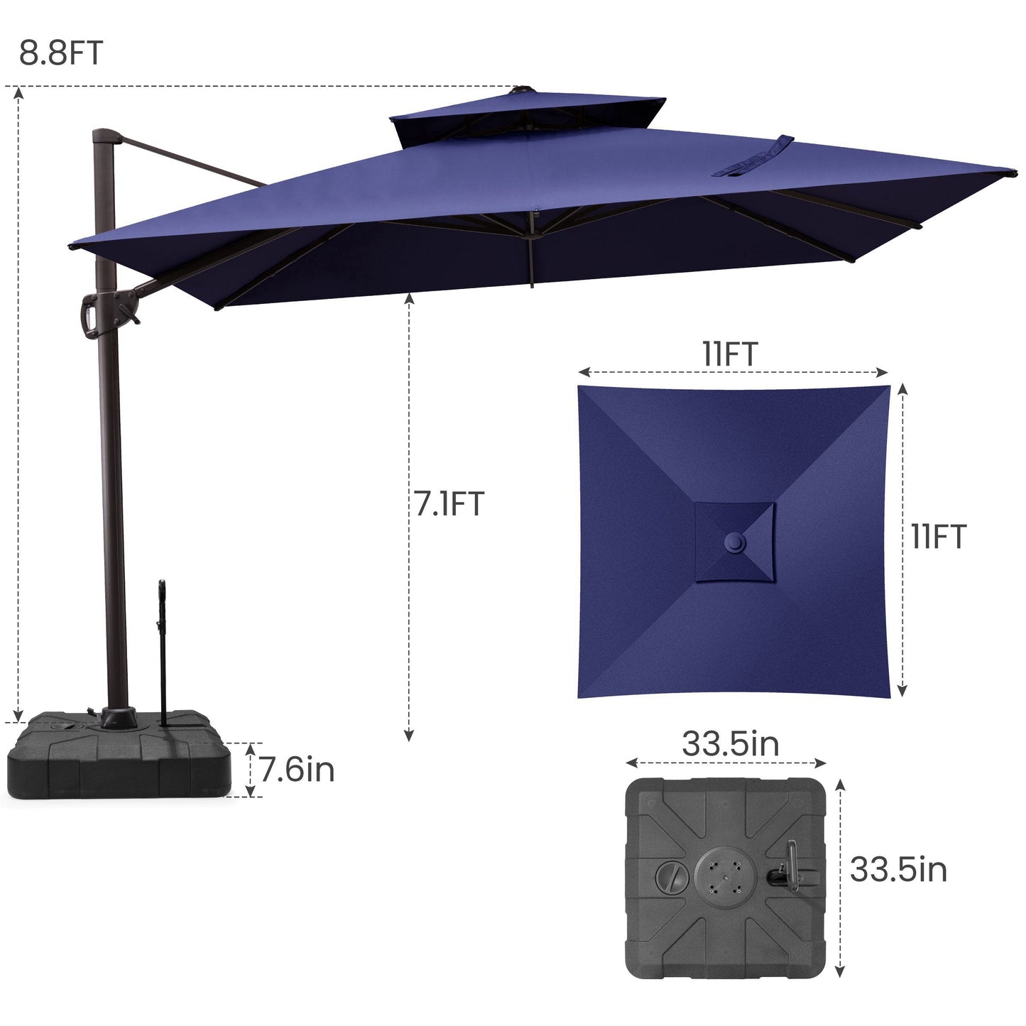 11x11 ft Square Aluminum Cantilever Patio Umbrella with Double Top (Base Options)