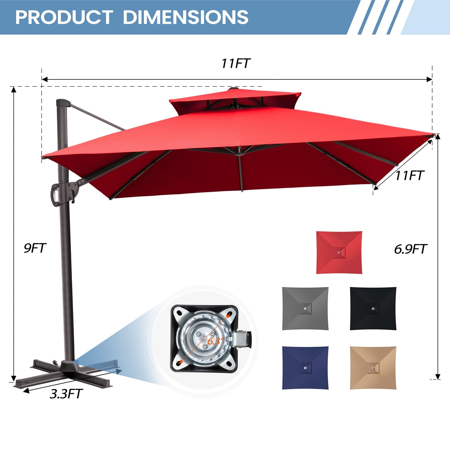 11x11 ft Square Aluminum Cantilever Patio Umbrella with Double Top (Base Options)