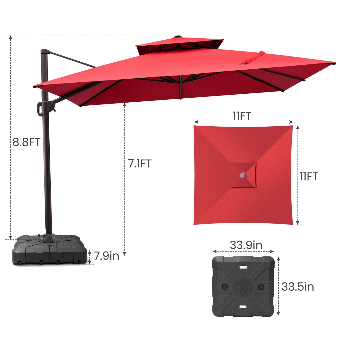 11x11 ft Square Aluminum Cantilever Patio Umbrella with Double Top (Base Options)