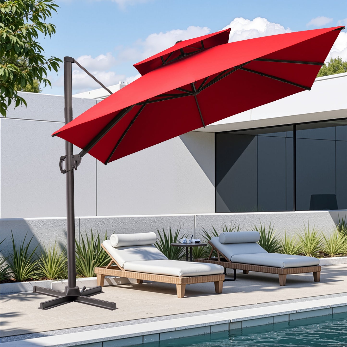 11x11 ft Square Aluminum Cantilever Patio Umbrella with Double Top (Base Options)