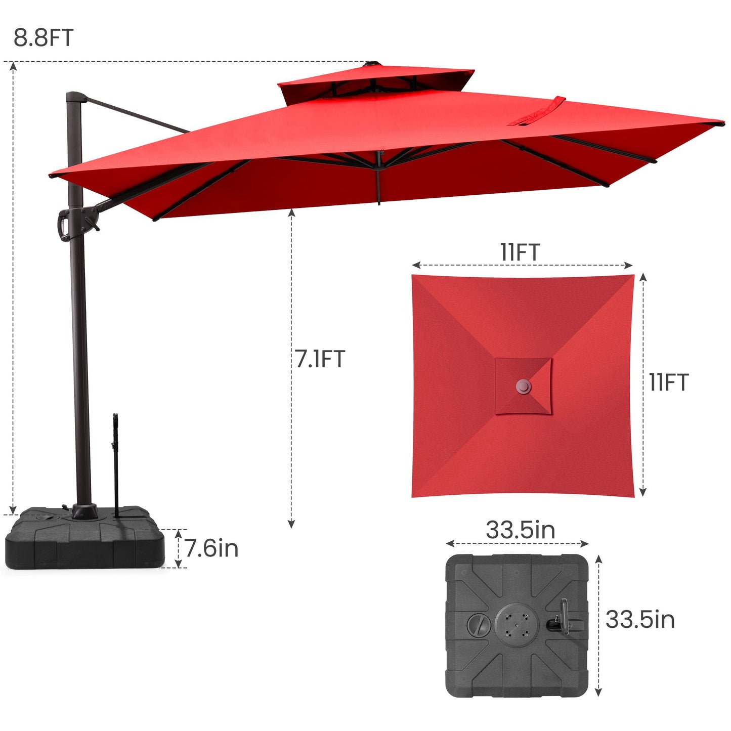 11x11 ft Square Aluminum Cantilever Patio Umbrella with Double Top (Base Options)