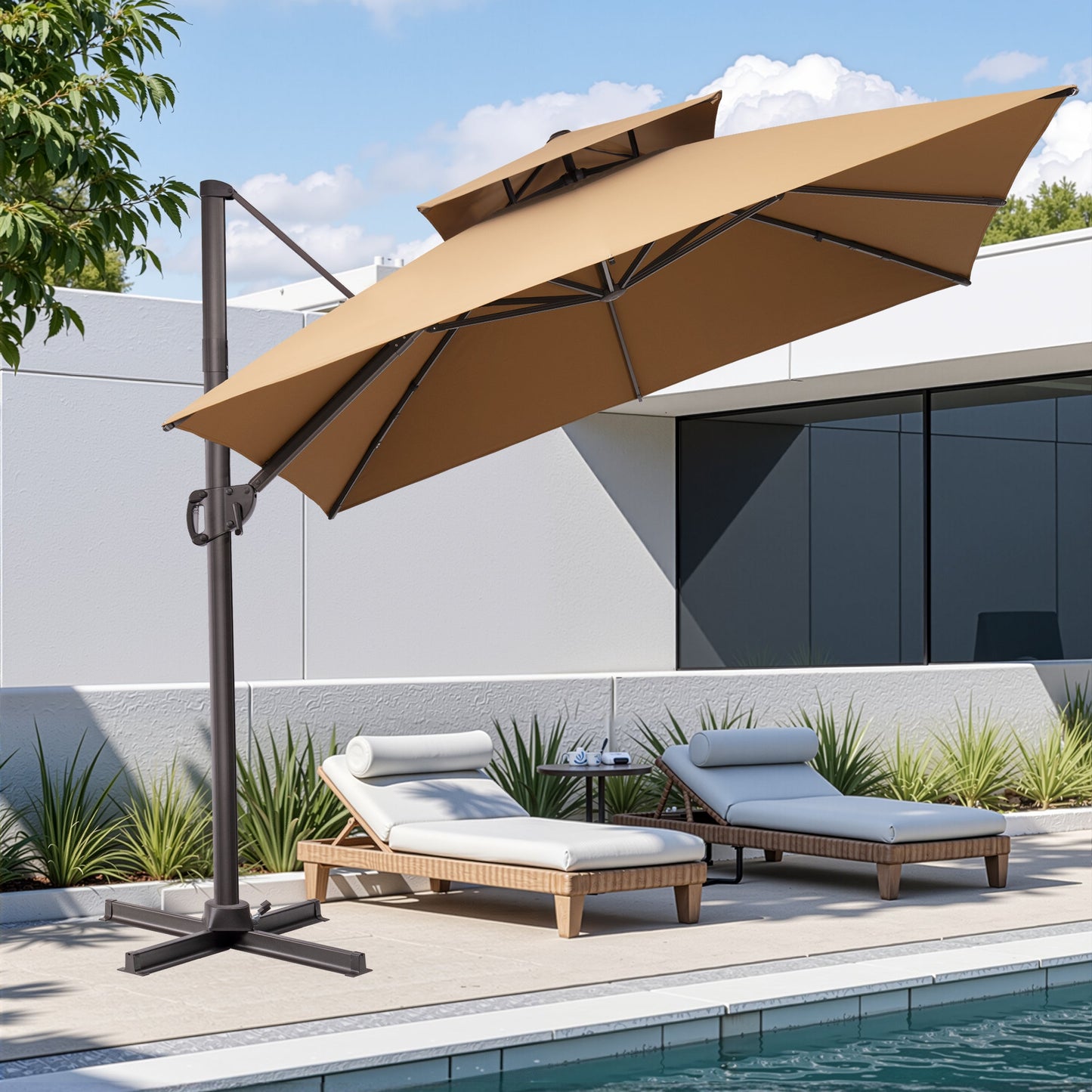 11x11 ft Square Aluminum Cantilever Patio Umbrella with Double Top (Base Options)