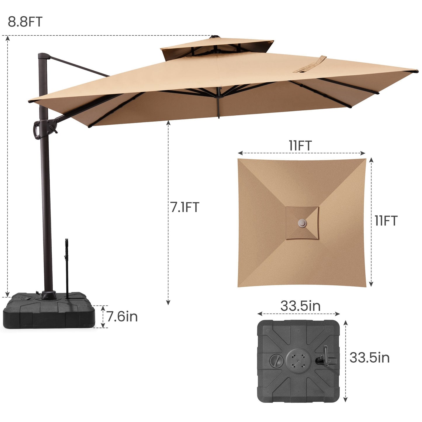 11x11 ft Square Aluminum Cantilever Patio Umbrella with Double Top (Base Options)