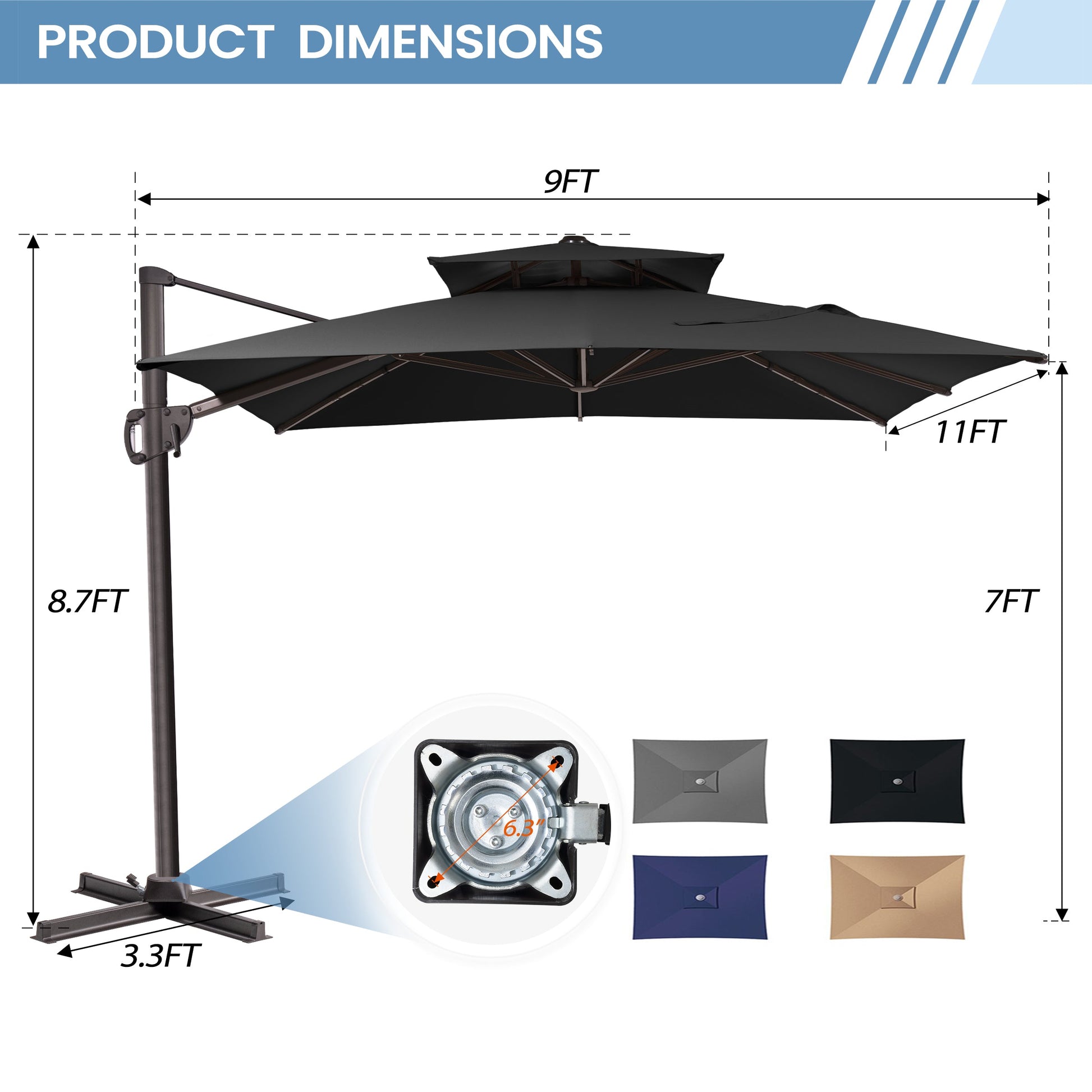 Size guide for Crestlive 11x9 ft black cross base cantilever umbrella showing 8.7ft height and 6.3 inch hole distance