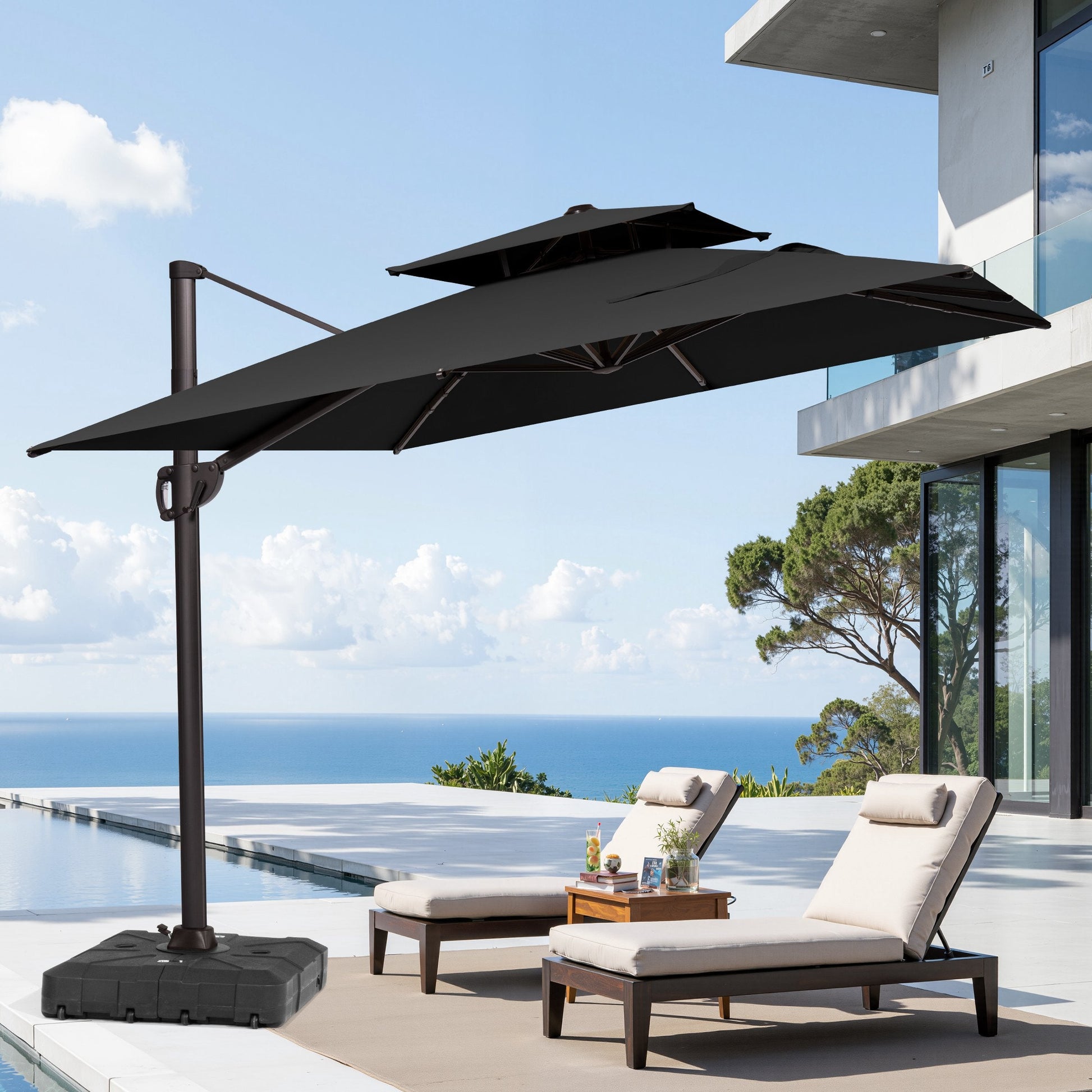 Crestlive 13x10 ft black rectangular cantilever patio umbrella with LED lights and heavy-duty base shading a poolside chaise lounge conversation set on a coastal modern deck.