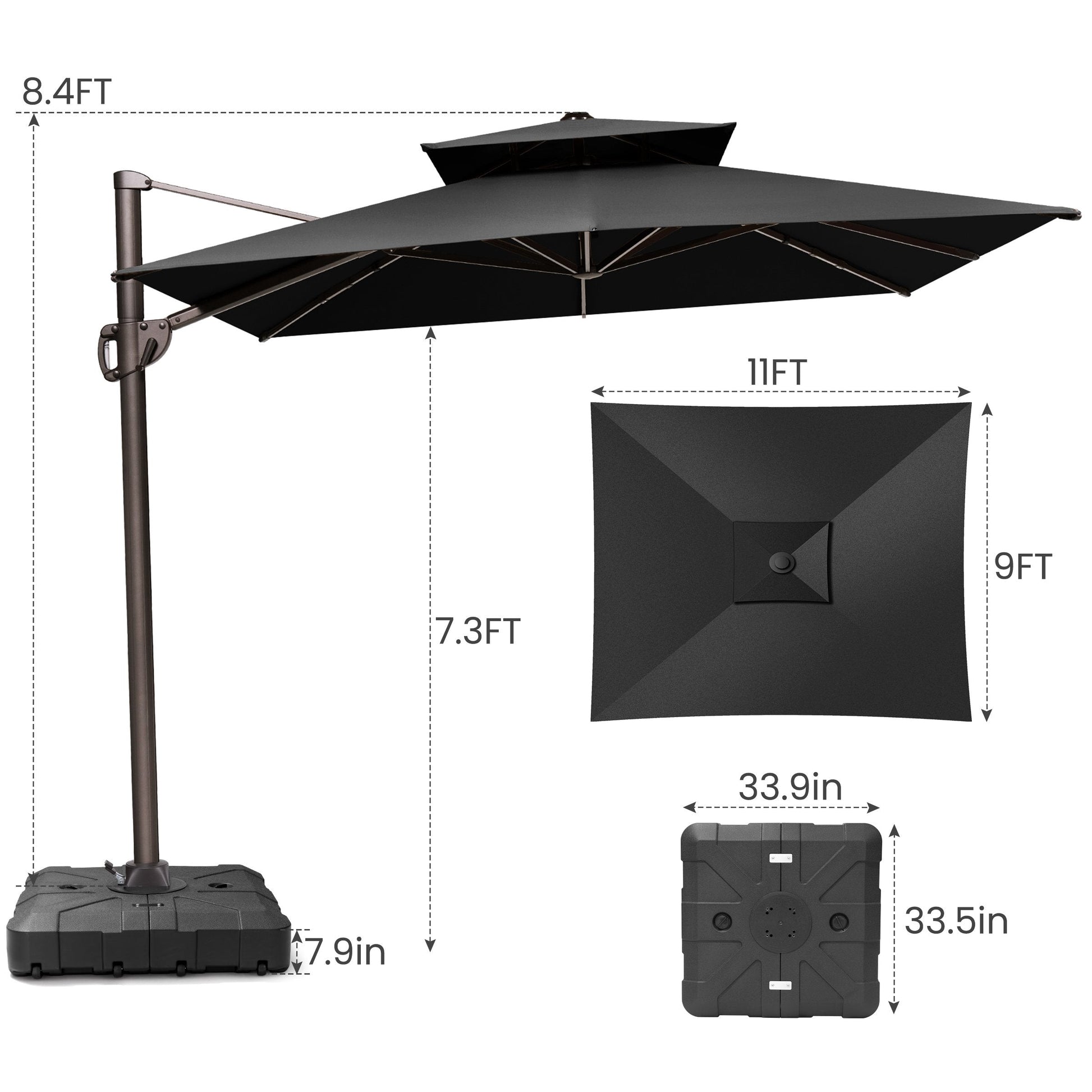 Size guide for Crestlive 11x9 ft black cantilever patio umbrella showing 8.4ft total height and heavy-duty base dimensions
