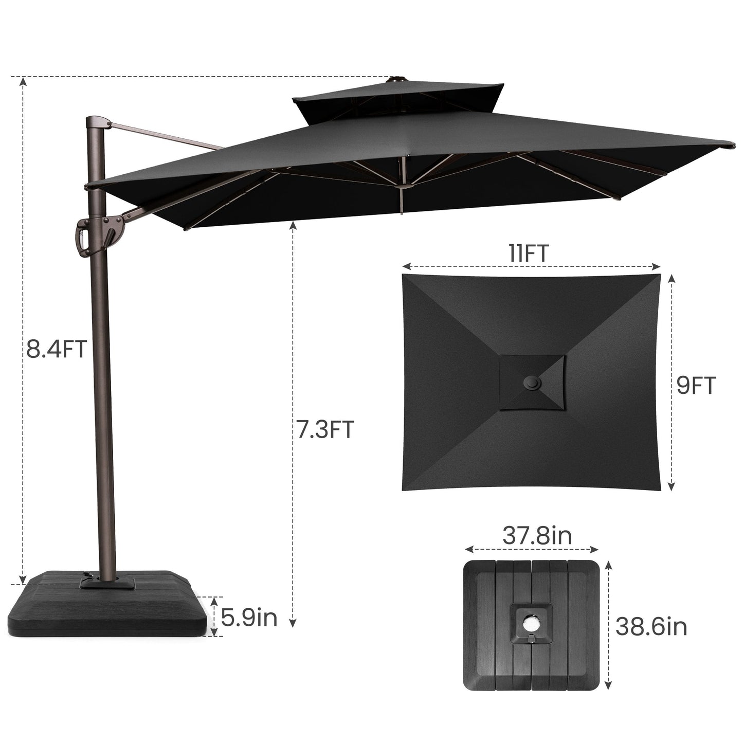Size guide for Crestlive 11x9 ft black cantilever patio umbrella showing 8.4ft total height and 7.3ft canopy clearance