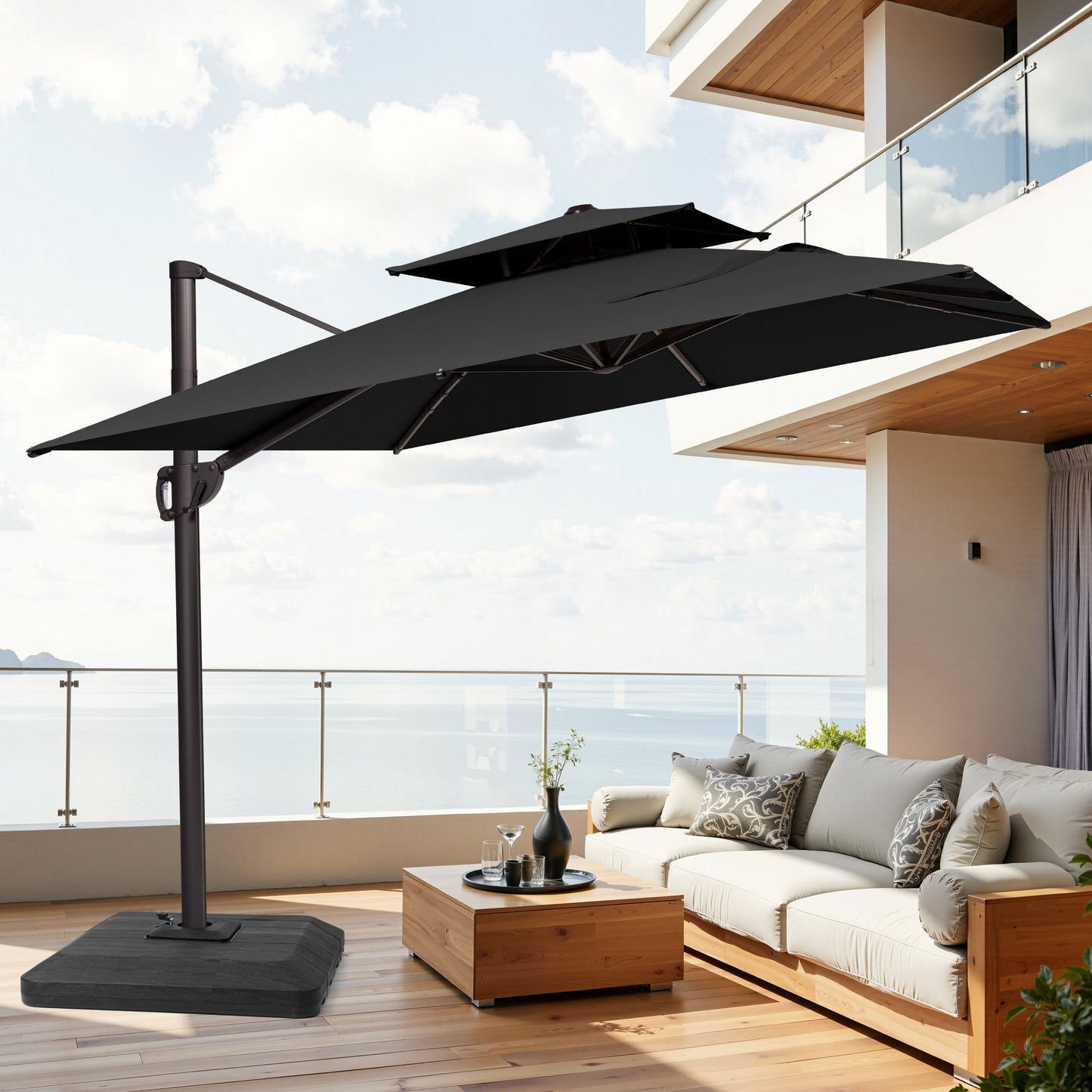 Crestlive black rectangular cantilever patio umbrella with heavy-duty base shading a wooden sectional sofa on a modern coastal deck