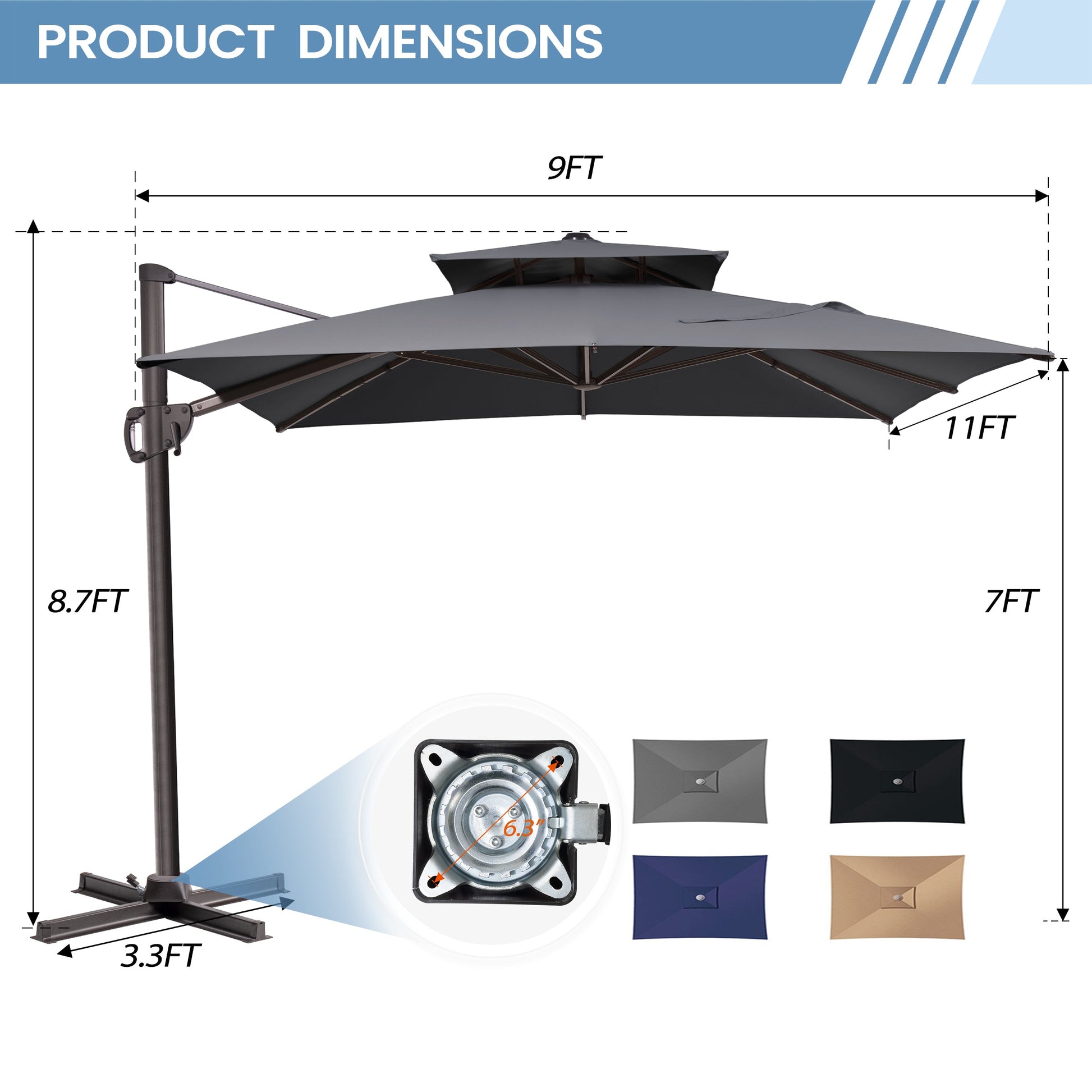 Size guide for Crestlive 11x9 ft grey cross base cantilever umbrella showing 8.7ft height and 6.3 inch hole distance