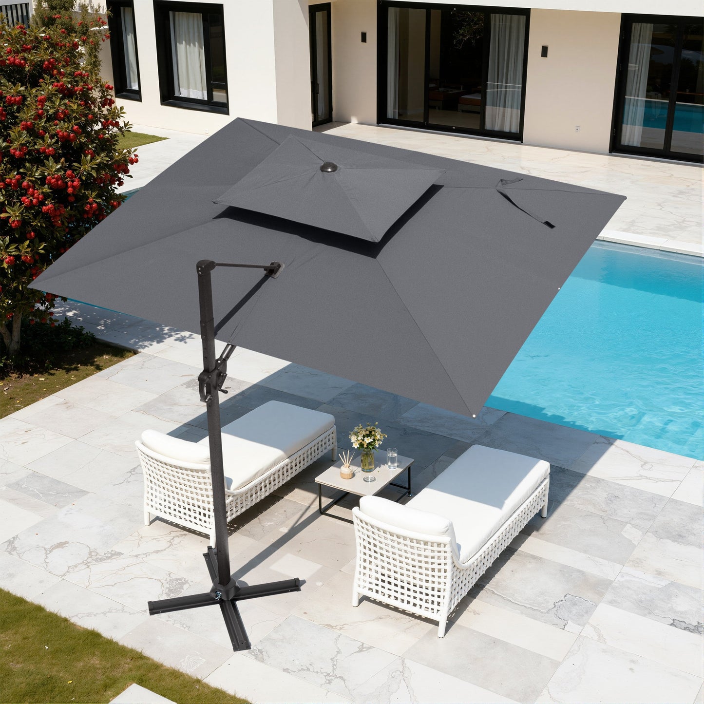 High-angle view of Crestlive 11x9 ft grey rectangular cantilever patio umbrella shading poolside chaise lounges