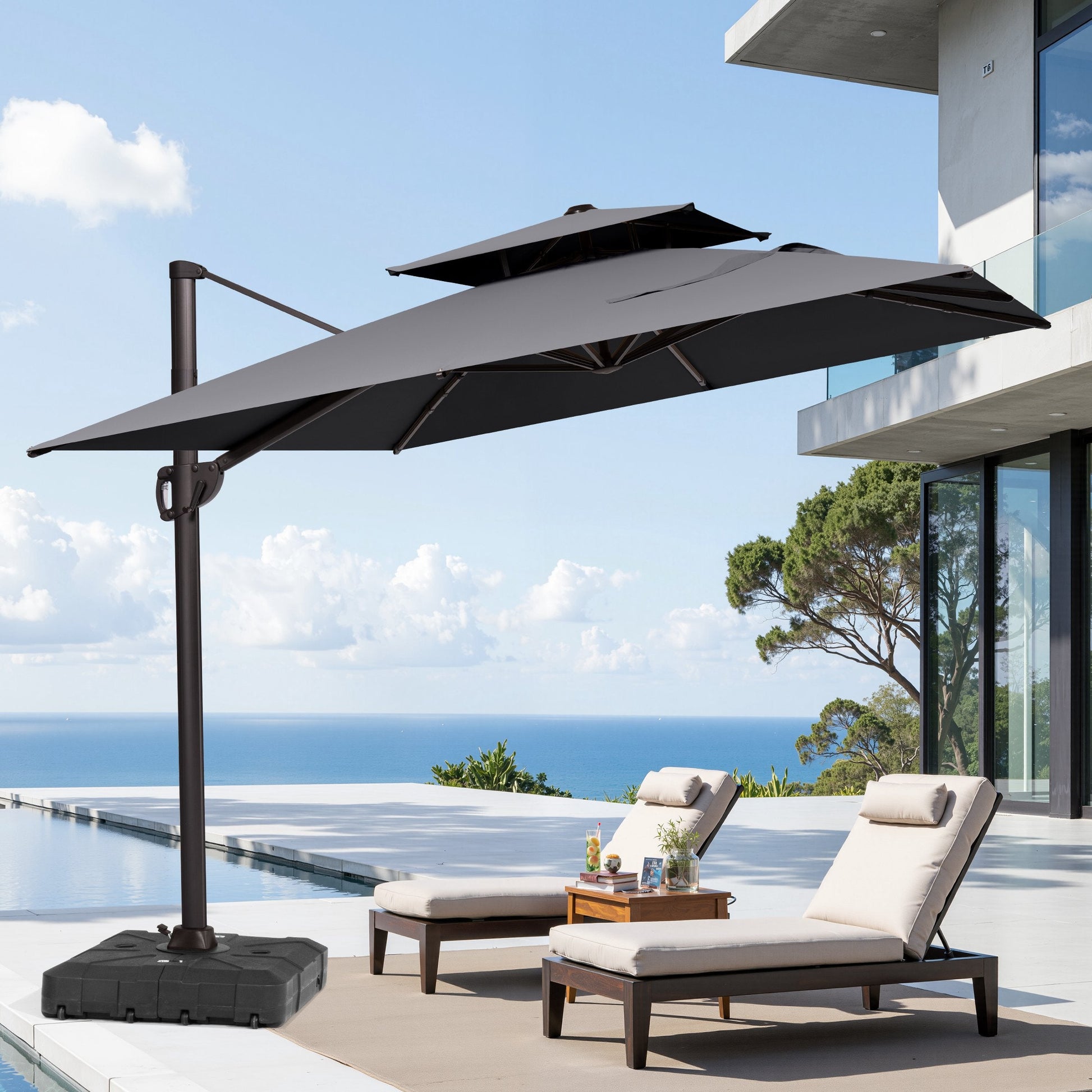 Crestlive 13x10 ft grey rectangular cantilever patio umbrella with LED lights shading poolside chaise lounge chairs