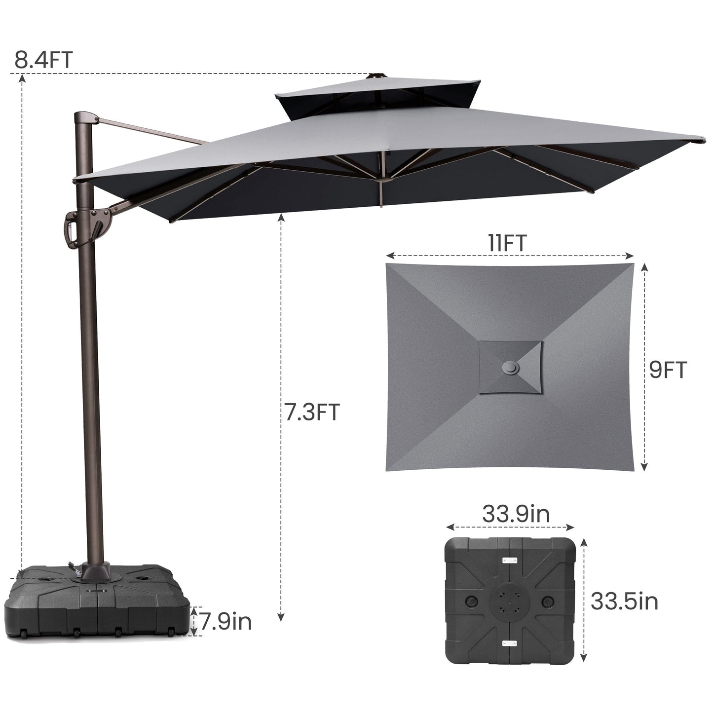 Size guide for Crestlive 11x9 ft grey cantilever patio umbrella showing 8.4ft total height and heavy-duty base dimensions