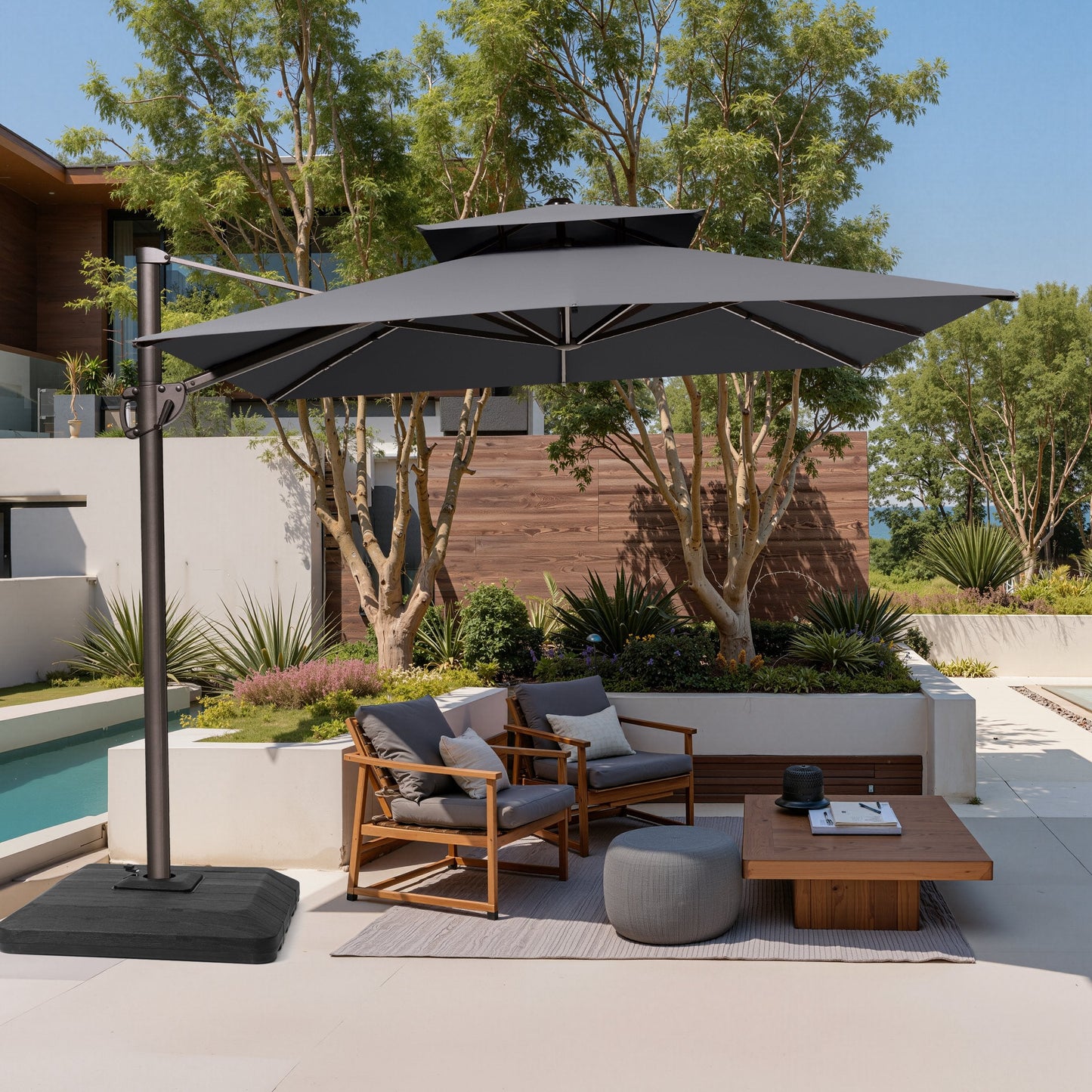 Crestlive 11x9 ft grey rectangular cantilever patio umbrella with heavy-duty base shading a modern conversation sofa set