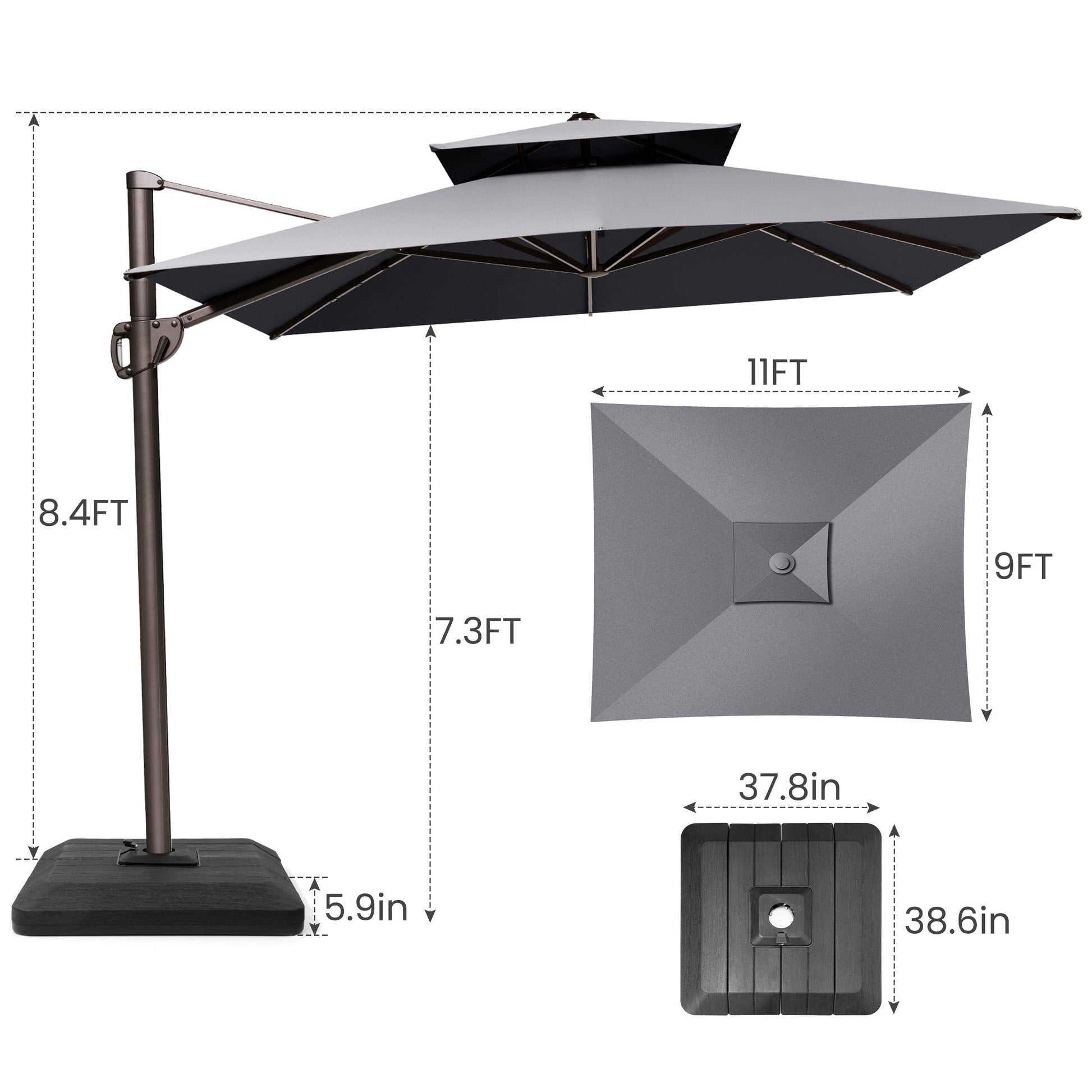 Size guide for Crestlive 11x9 ft grey cantilever patio umbrella showing 8.4ft total height and 7.3ft canopy clearance