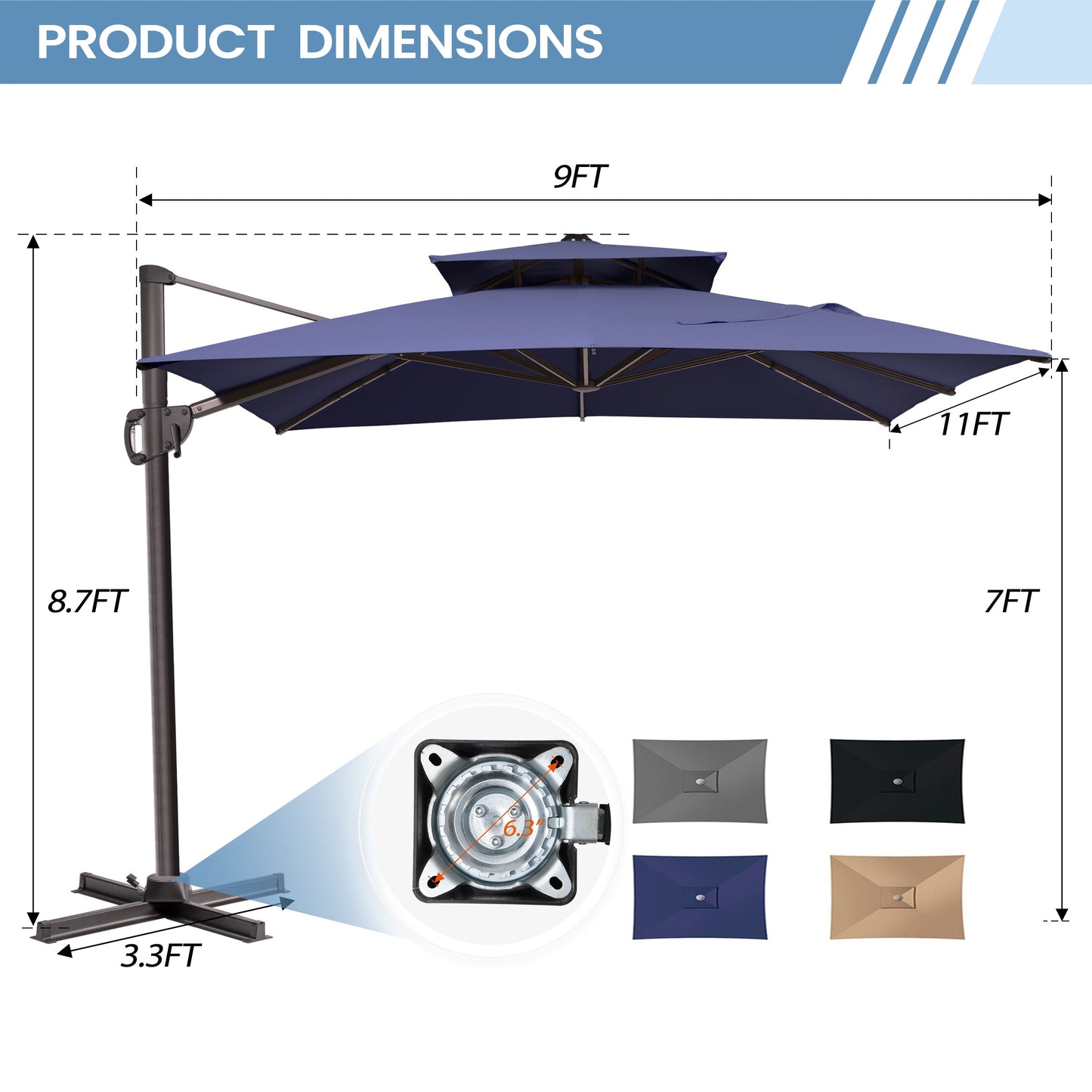 11x9 ft Aluminum Cantilever Patio Umbrella with Double Top (Base Options)