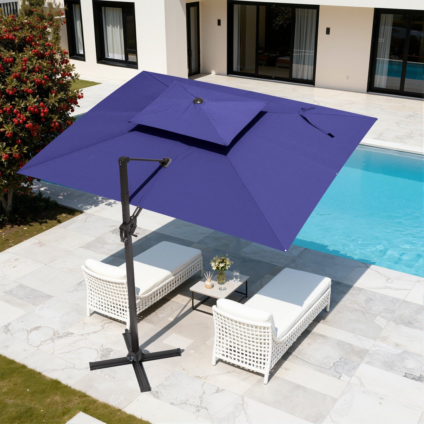 High-angle view of Crestlive 11x9 ft navy blue rectangular cantilever umbrella with cross base shading poolside lounges