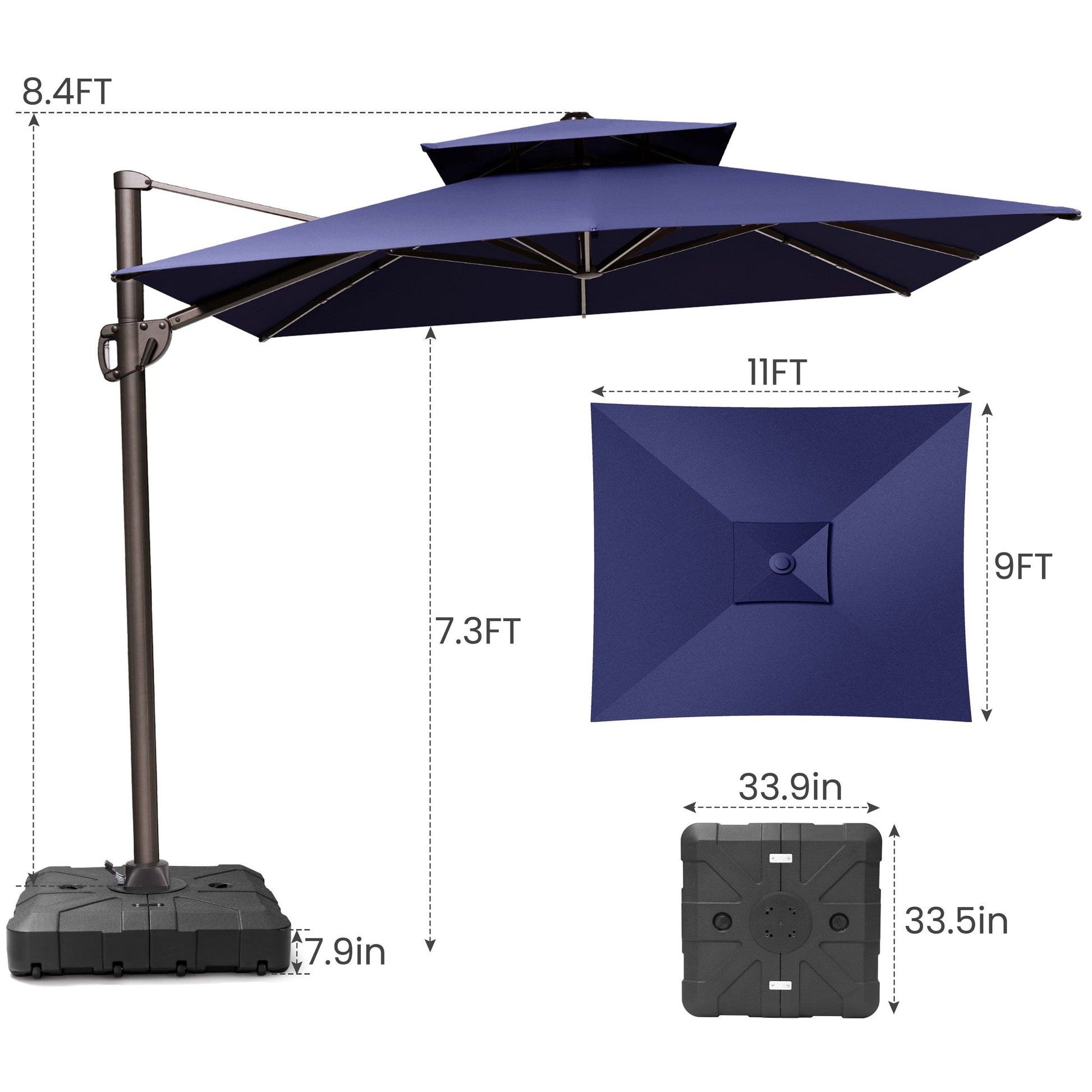 Size guide for Crestlive 11x9 ft navy blue cantilever patio umbrella showing 8.4ft total height and heavy-duty base dimensions