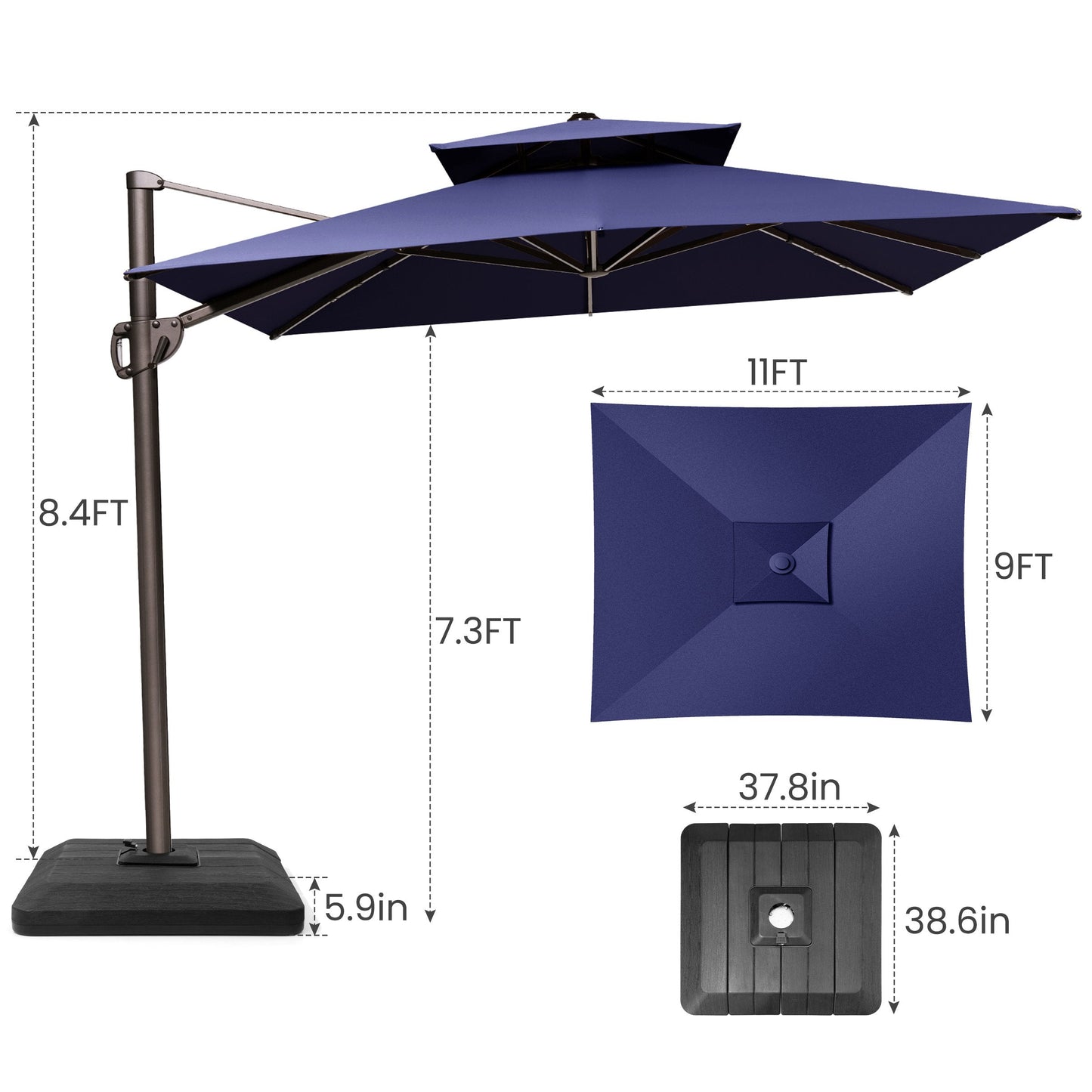 Size guide for Crestlive 11x9 ft navy blue cantilever patio umbrella showing 8.4ft total height and 7.3ft canopy clearance